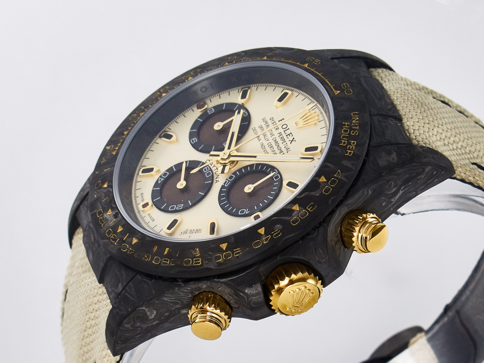 Rolex Daytona DIW Carbon Case DIWF Edition Cream/Brown Dial on White Nylon Strap A7750-fasswatch