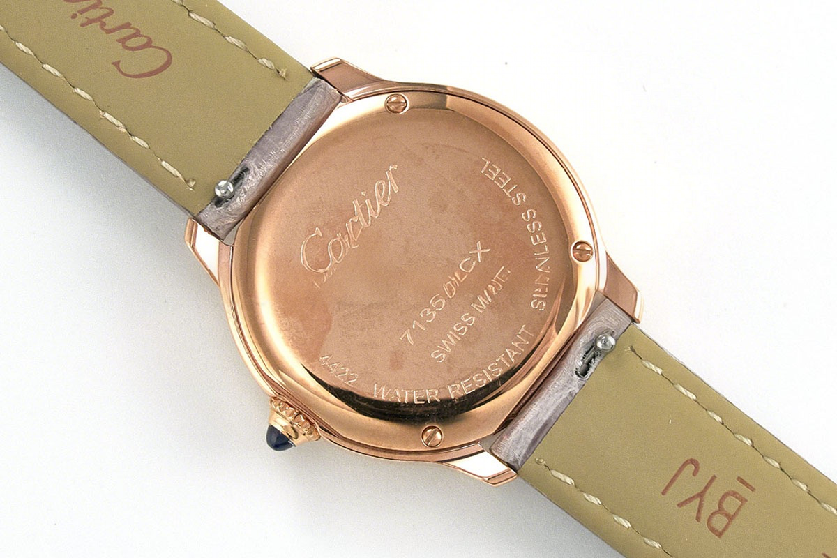 Cartier Ronde Must De Cartier 29mm White Dial in Rose Gold on Grey Leather Strap-fasswatch
