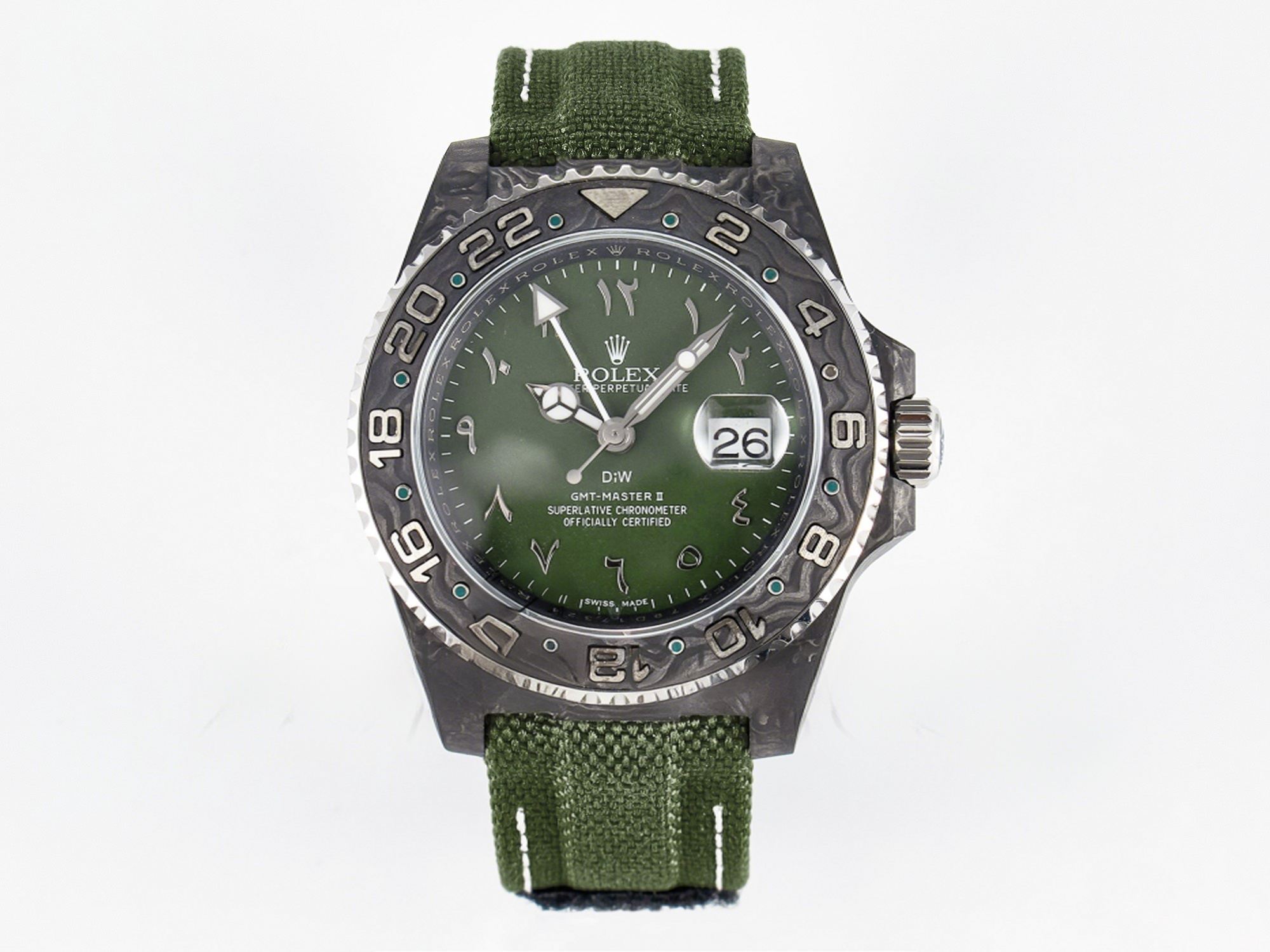 Rolex GMT Carbon DIWF Best Edition Green Arabic Dial on Green Nylon Strap SA3186 CHS-fasswatch