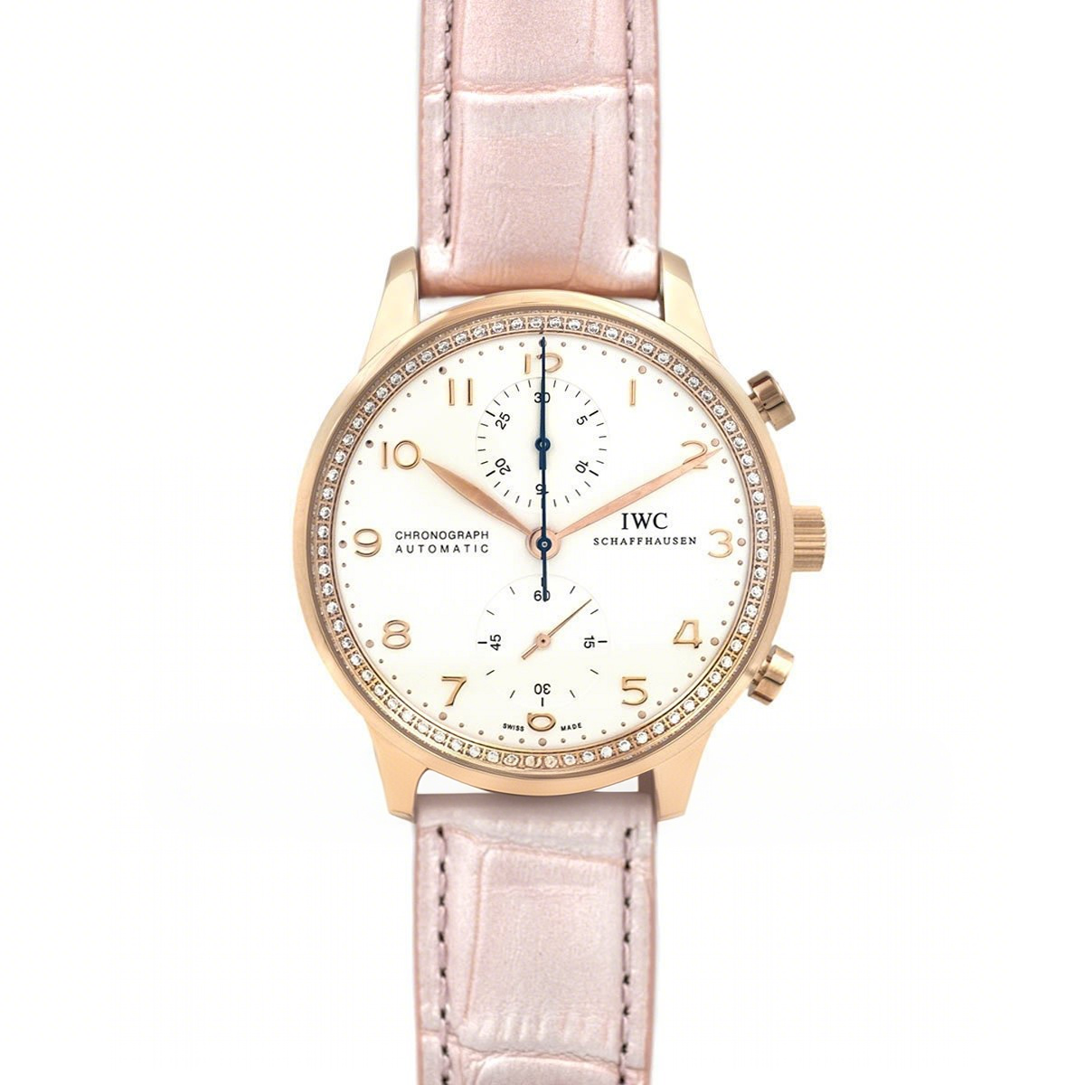 IWC Portugieser Chronograph Automatic White Dial in Rose Gold on Pink Leather Strap-fasswatch