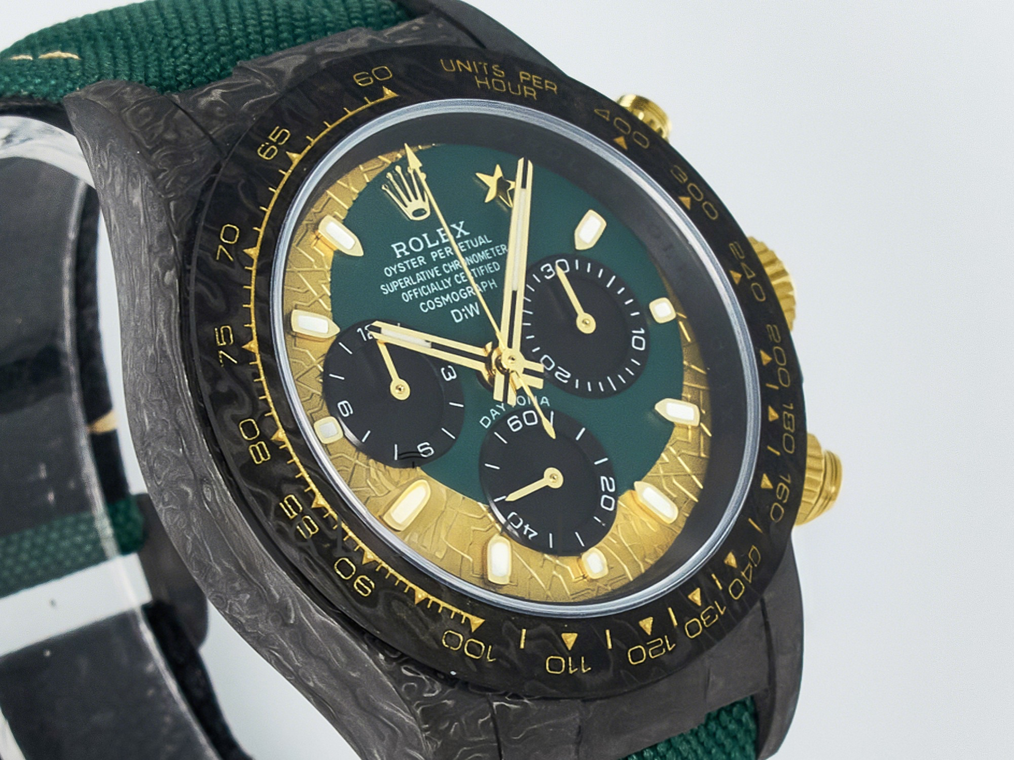 Rolex Daytona DIW Carbon Case and Bezel DIWF Edition Green/YG Dial on Green Nylon Strap A7750-fasswatch