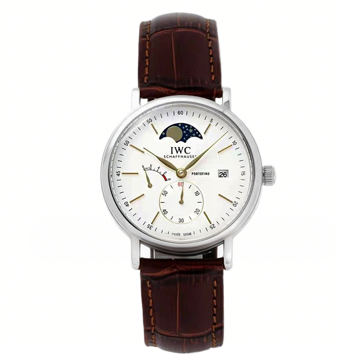 IWC Portofino Hand Wound Moon Phrase IW516401 White Dial in Steel-fasswatch