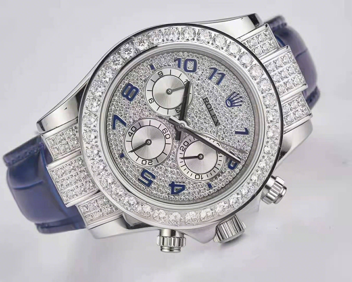 Rolex Daytona 116599 Diamond Paved Dial in White Gold on Blue Leather Strap-fasswatch