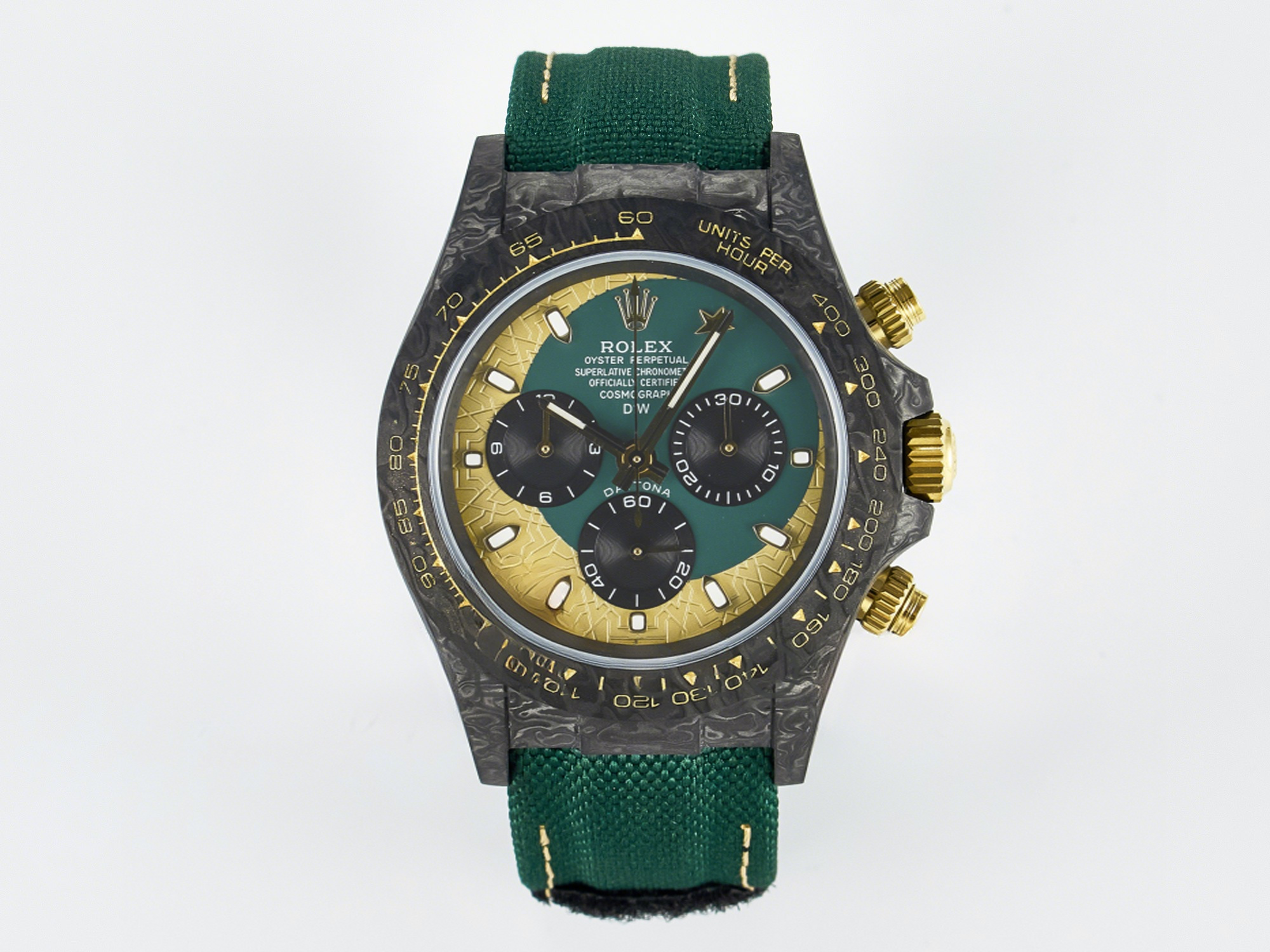 Rolex Daytona DIW Carbon Case and Bezel DIWF Edition Green/YG Dial on Green Nylon Strap A7750-fasswatch