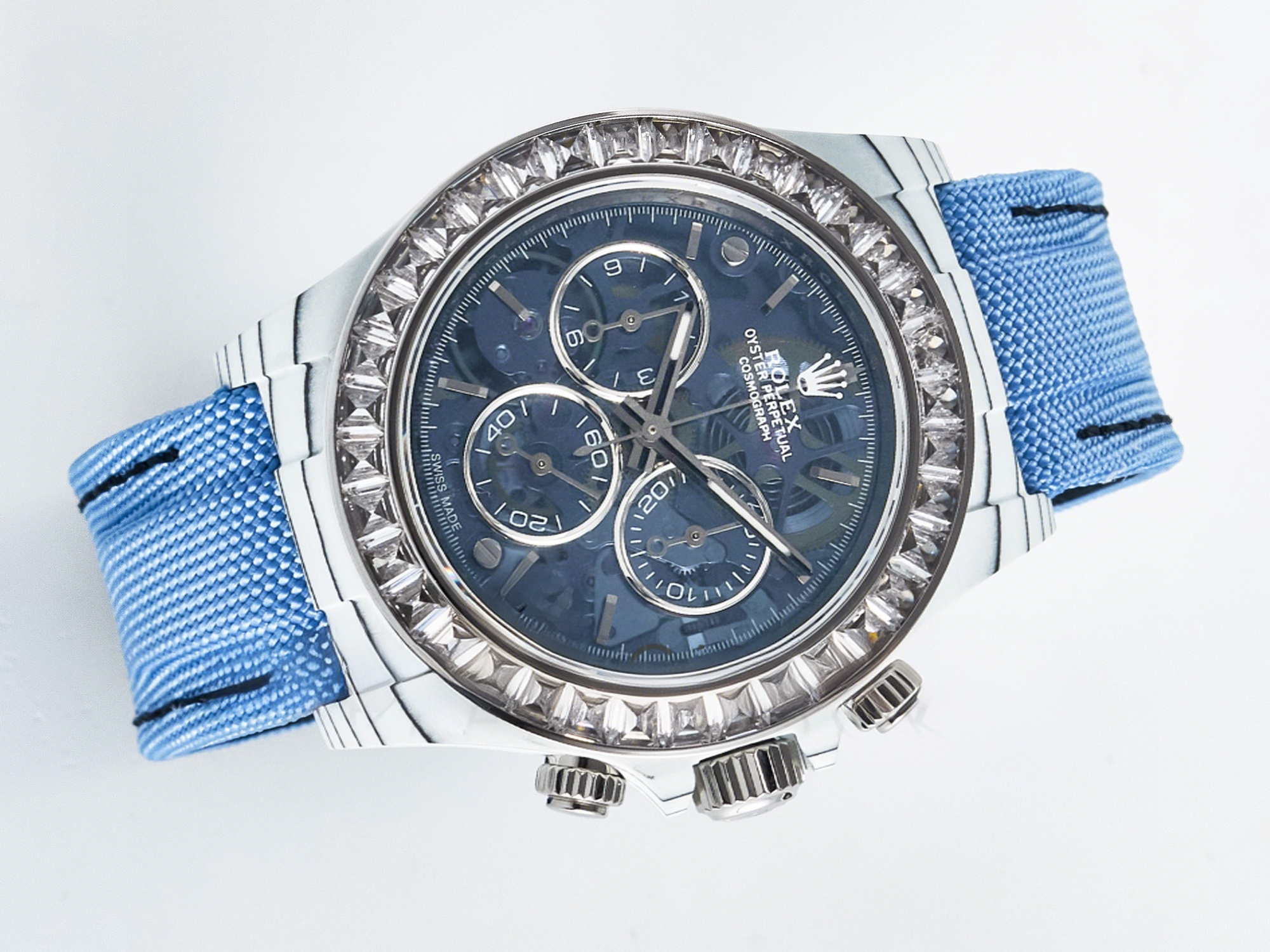 Rolex Daytona ZIF REMOULD White Carbon GETF Best Edition Blue Skeleton Dial Diamonds Bezel on Blue Nylon Strap DD4802-fasswatch