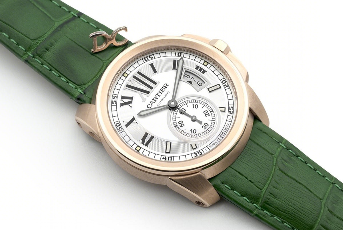Calibre de Cartier White Dial in Rose Gold on Green Leather Strap-fasswatch
