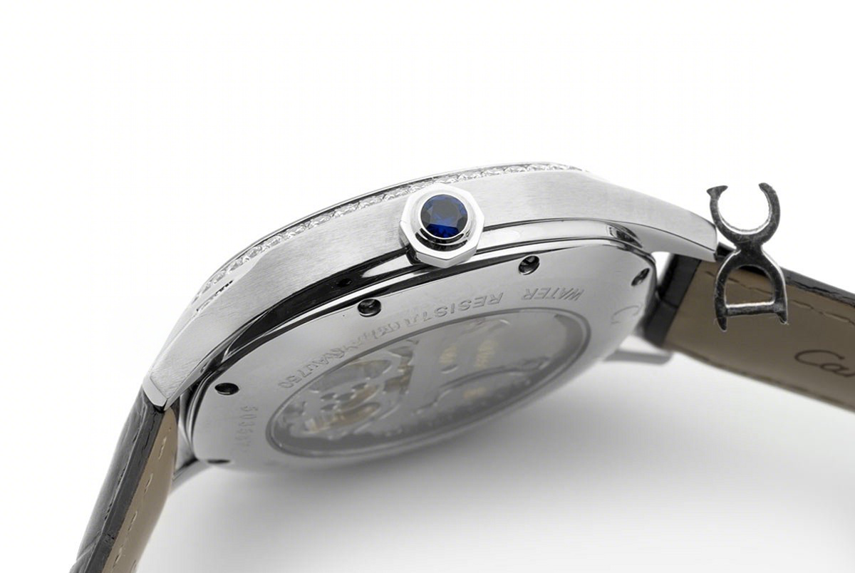 Drive de Cartier Tourbillon White Dial with Diamond Bezel in White Gold on Black Leather Strap-fasswatch