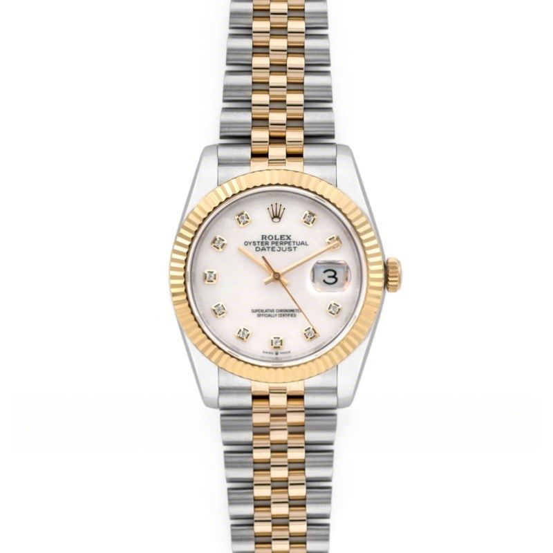 Rolex Datejust 36 126283RBR White MOP Dial in Yellow Gold and Steel with Diamond Markers-fasswatch