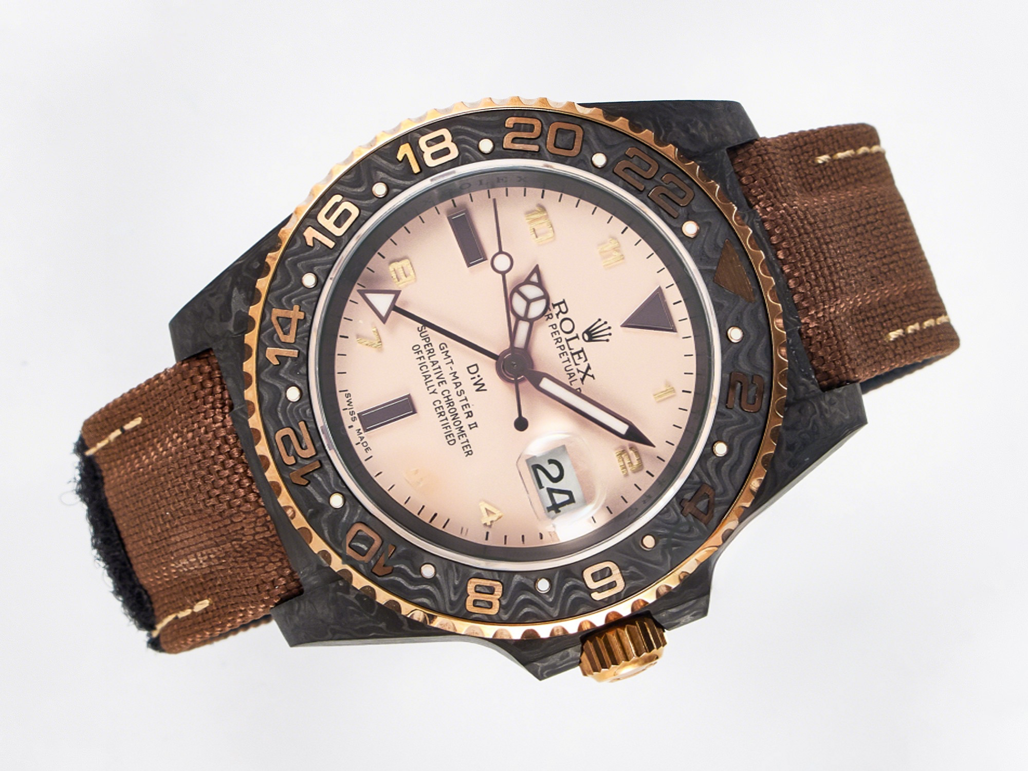 Rolex GMT Carbon DIWF Best Edition Yellow Roman Dial on Brown Nylon Strap SA3285 CHS V2-fasswatch