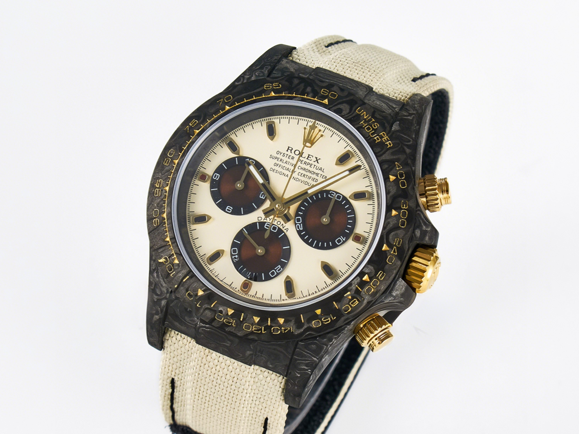 Rolex Daytona DIW Carbon Case DIWF Edition Cream/Brown Dial on White Nylon Strap A7750-fasswatch