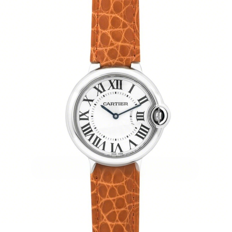 Cartier Ballon Bleu de Cartier 36mm White Dial in Steel on Orange Leather Strap-fasswatch
