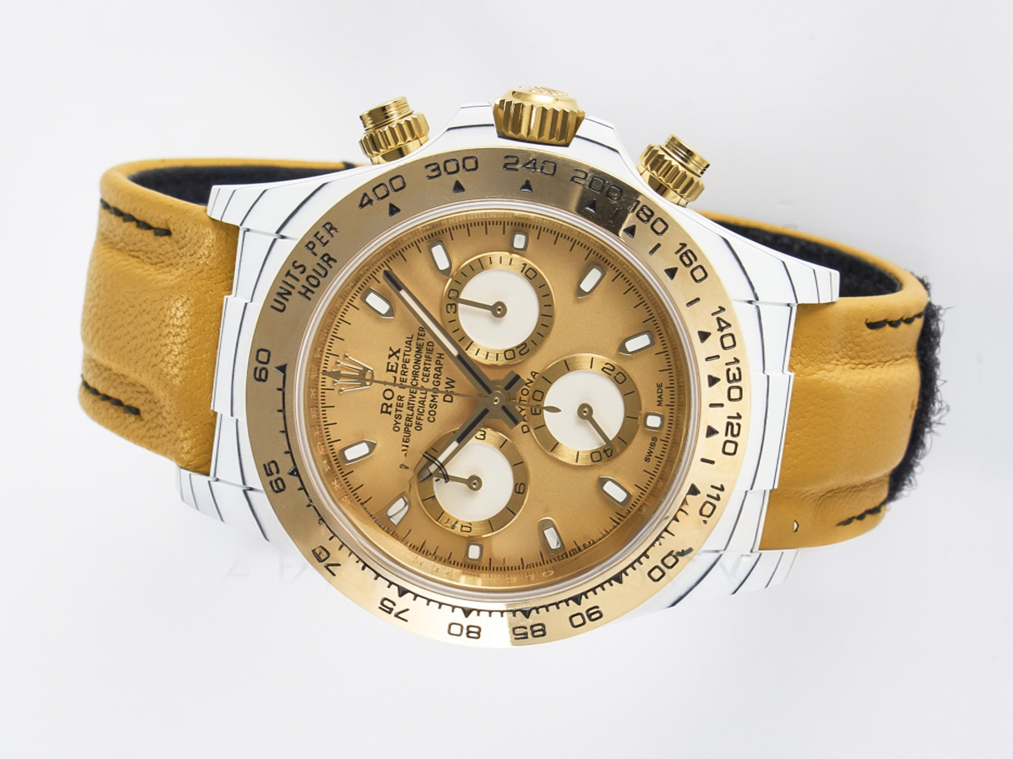 Rolex Daytona DIW White Carbon Case YG Bezel DIWF Edition YG Dial on Brown Leather Strap A7750-fasswatch