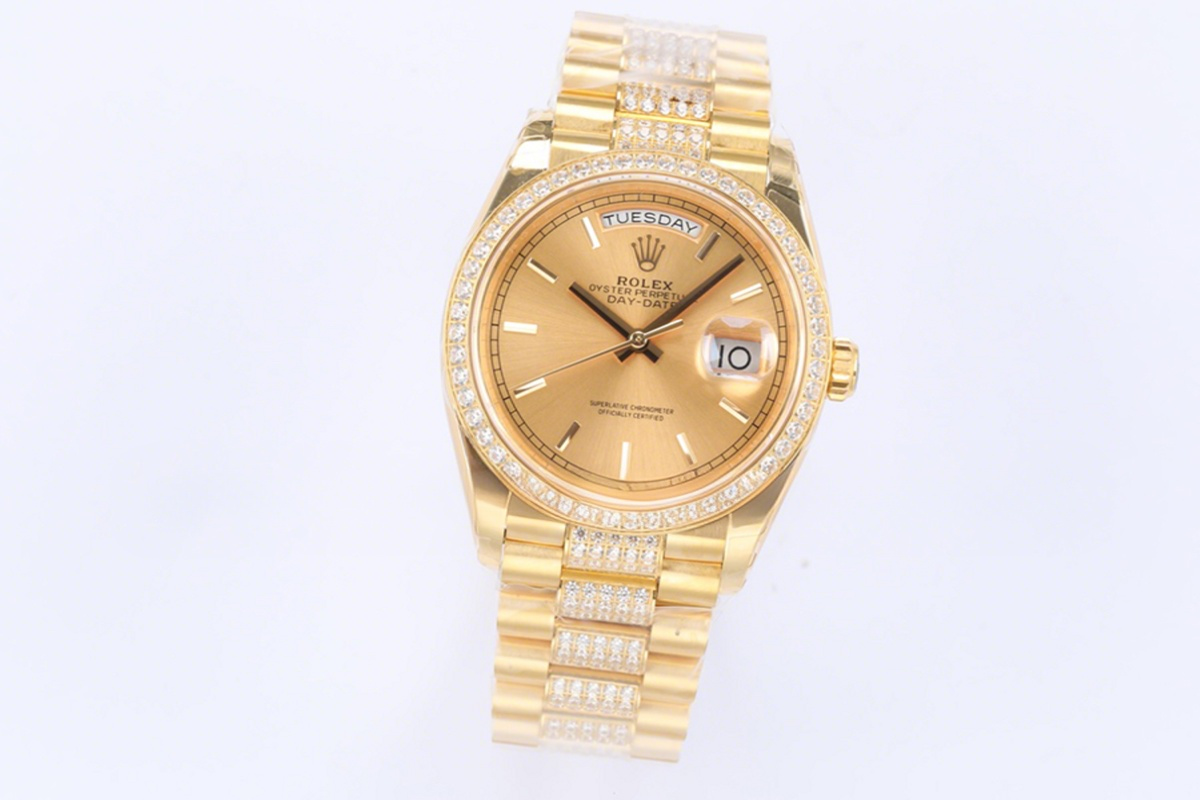 Rolex Day-Date 36 128348RBR Champagne Dial with Diamond Bezel in Yellow Gold-fasswatch