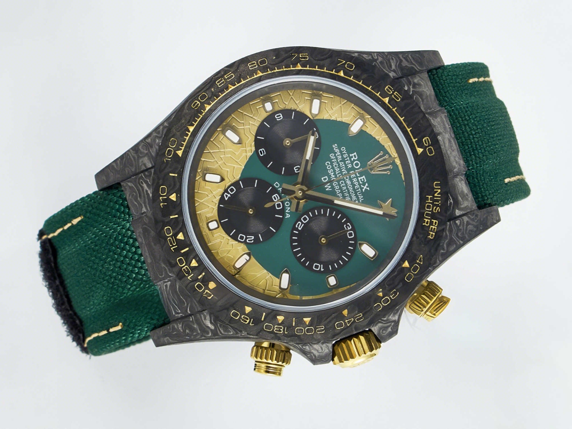 Rolex Daytona DIW Carbon Case and Bezel DIWF Edition Green/YG Dial on Green Nylon Strap A7750-fasswatch