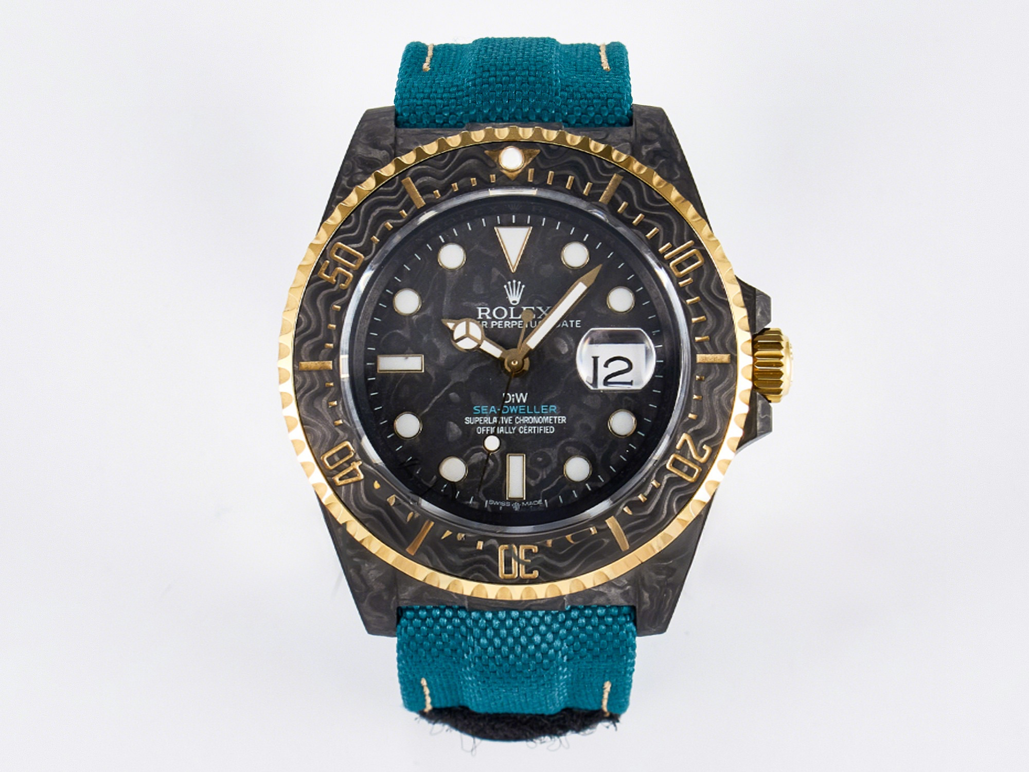 Rolex Sea Dweller 43mm Carbon DIWF Best Edition Black Dial YG Bezel on Blue Nylon Strap A2824-fasswatch