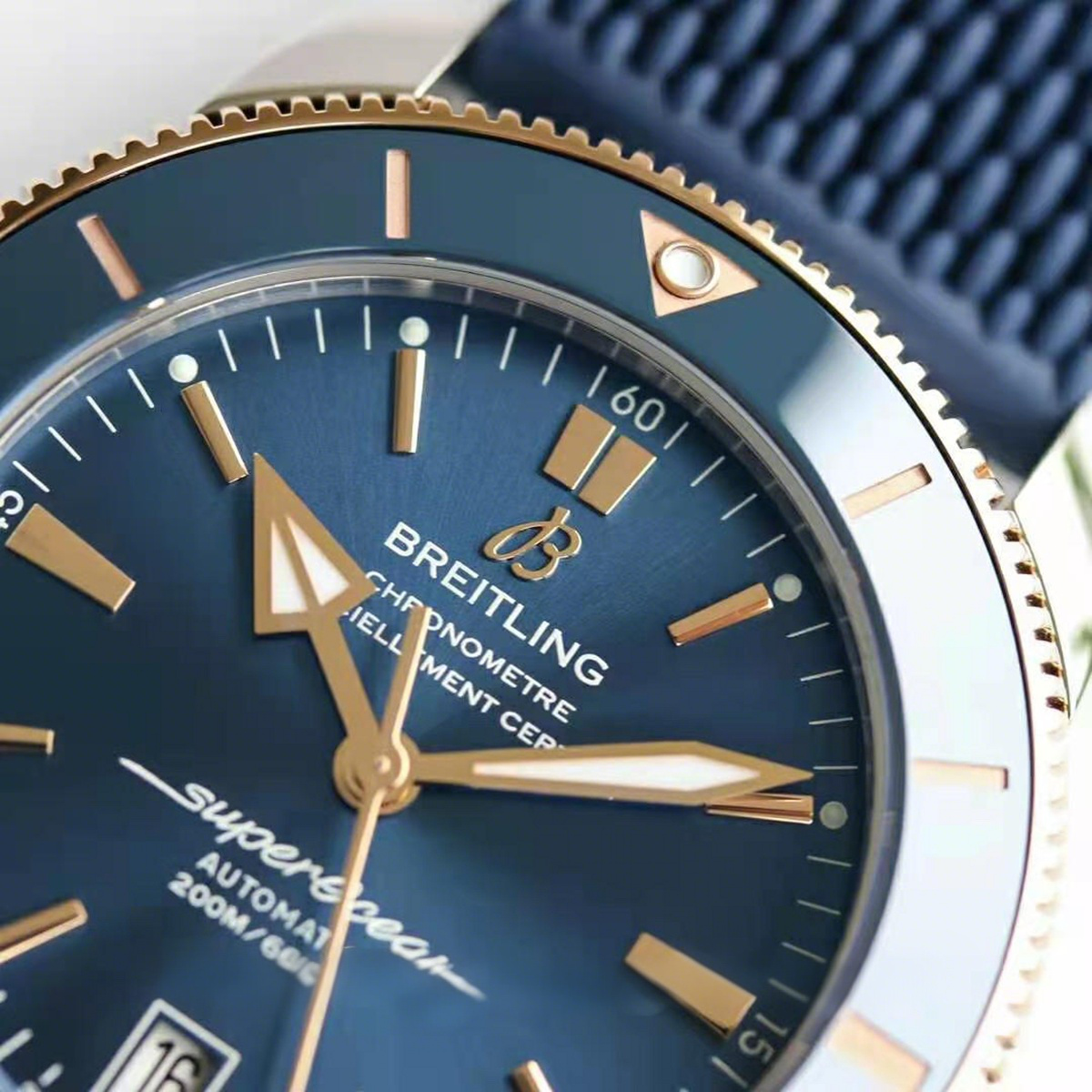 Breitling Superocean Heritage II B20 Automatic 42mm in Blue Dial on Blue and Rose Gold Bezel on Rubber Strap-fasswatch