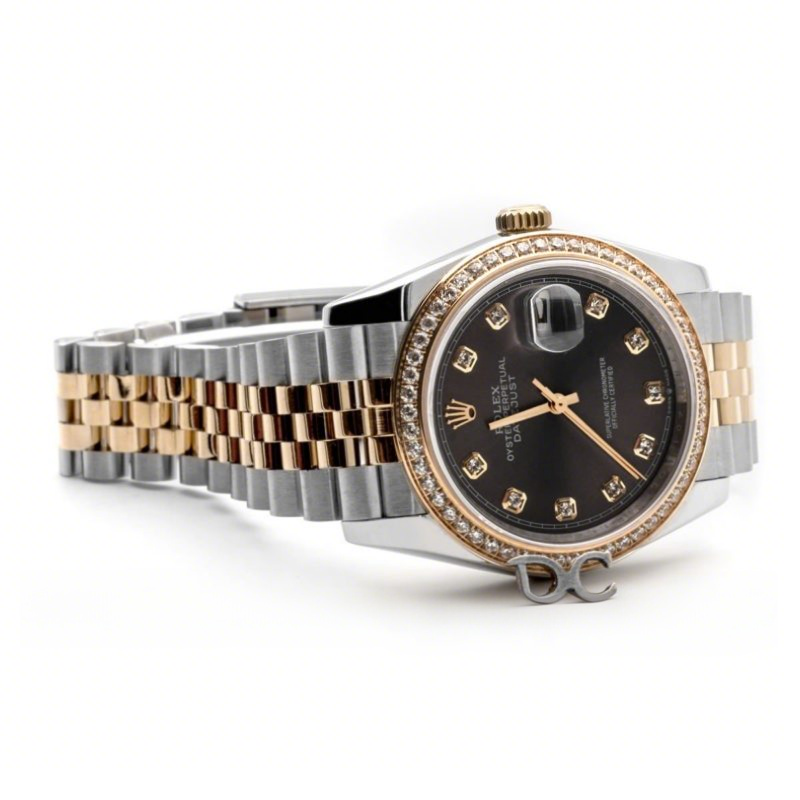Rolex Datejust 36 126283RBR Dark Rhodium Dial in Yellow Gold and Steel with Diamond Set Bezel and Diamond Markers-fasswatch