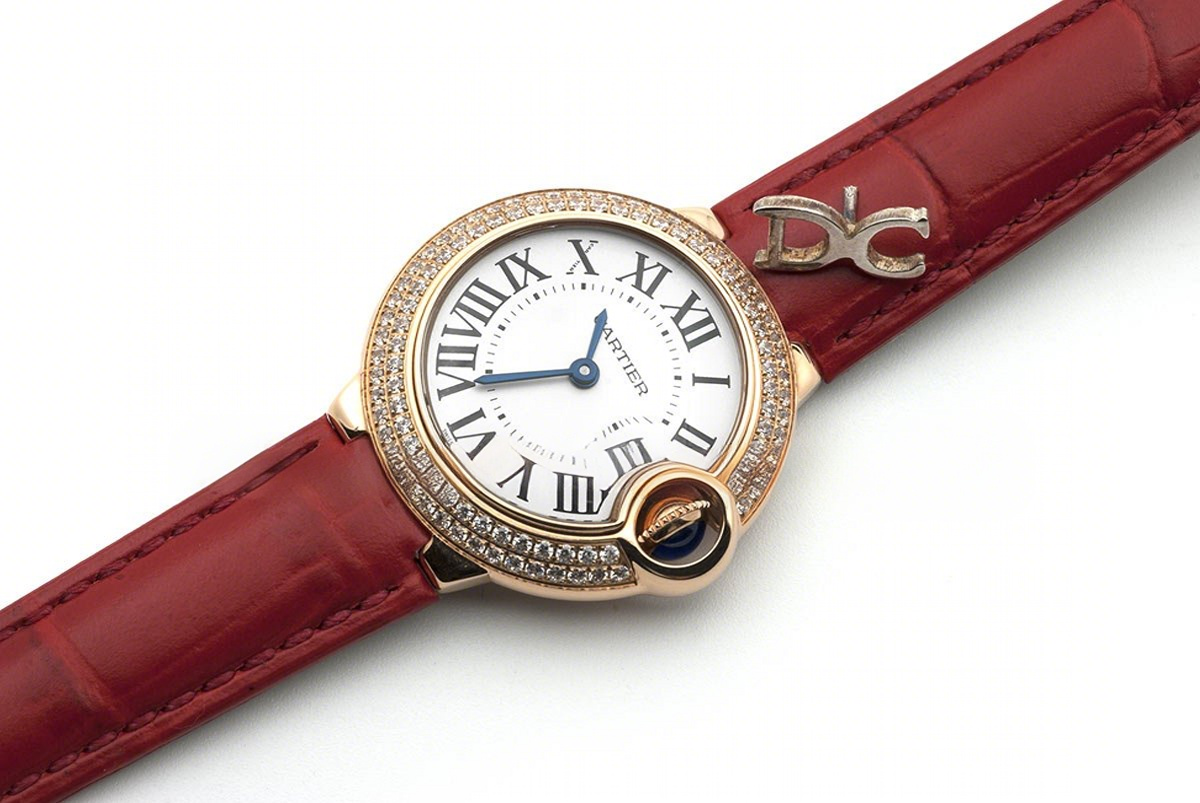 Ballon Bleu de Cartier 28mm White Dial in Gold with Diamonds on Red Leather Strap-fasswatch
