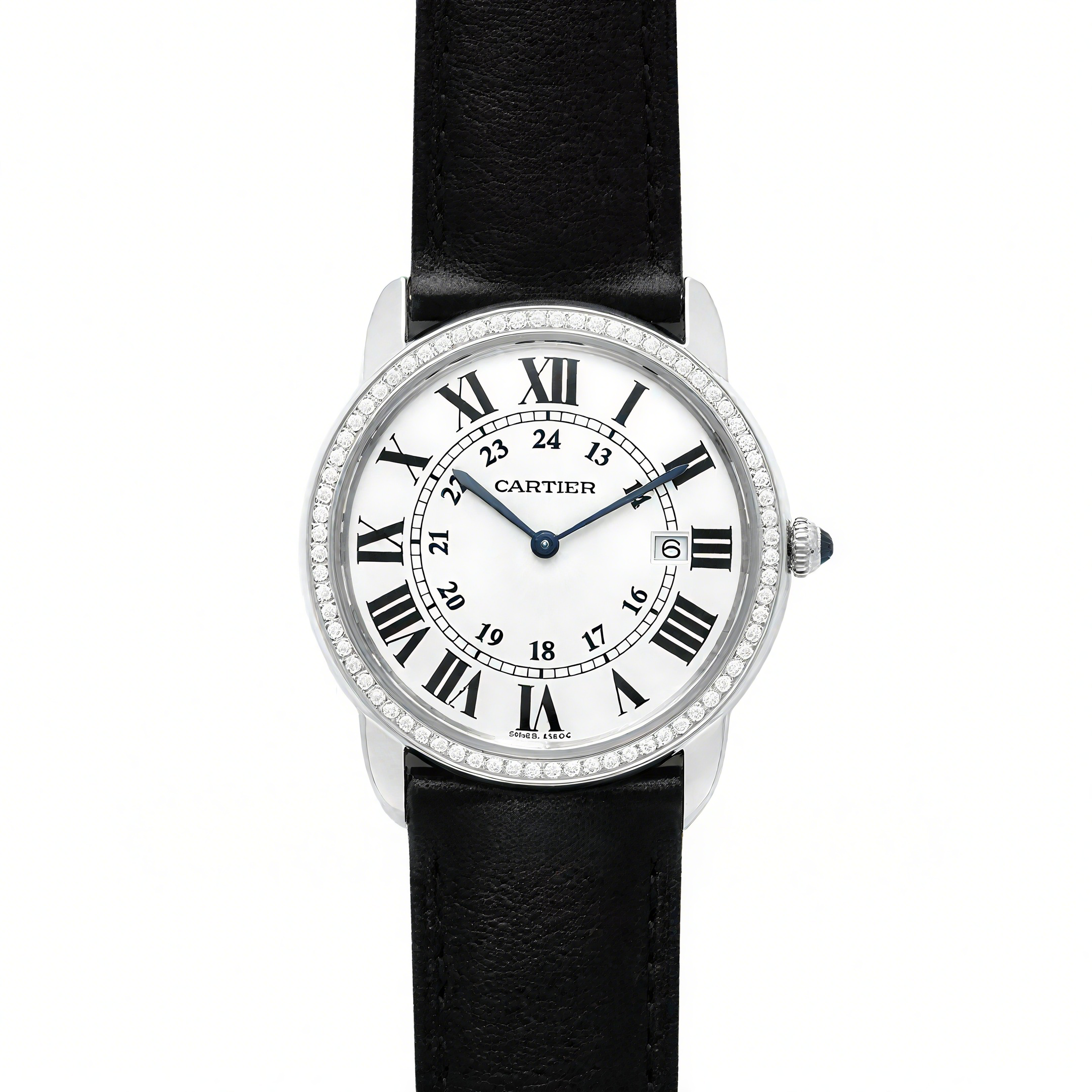 Cartier Ronde Louis Cartier Watch 36mm White Dial in White Gold on Black Leather Strap-fasswatch