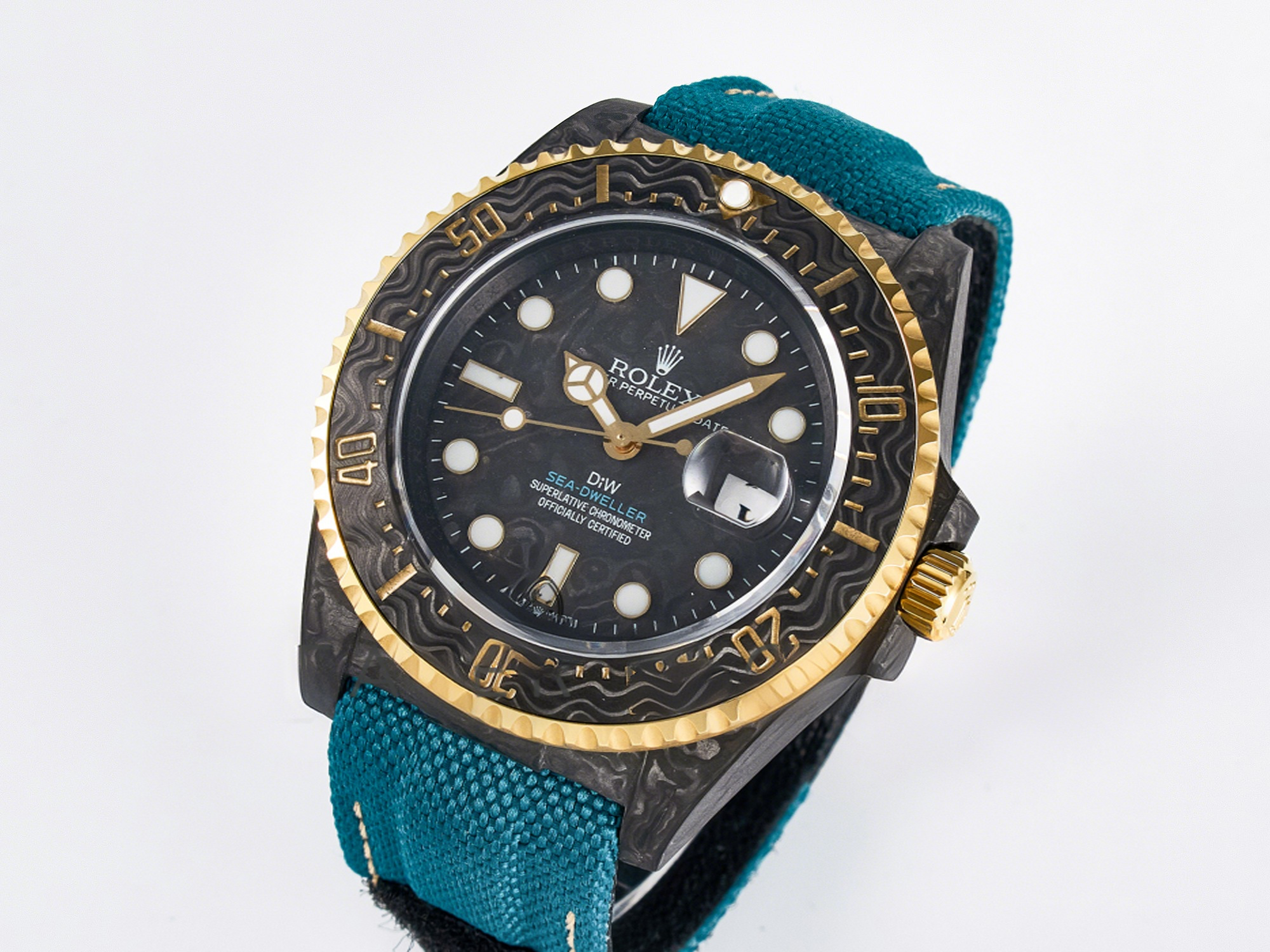 Rolex Sea Dweller 43mm Carbon DIWF Best Edition Black Dial YG Bezel on Blue Nylon Strap A2824-fasswatch