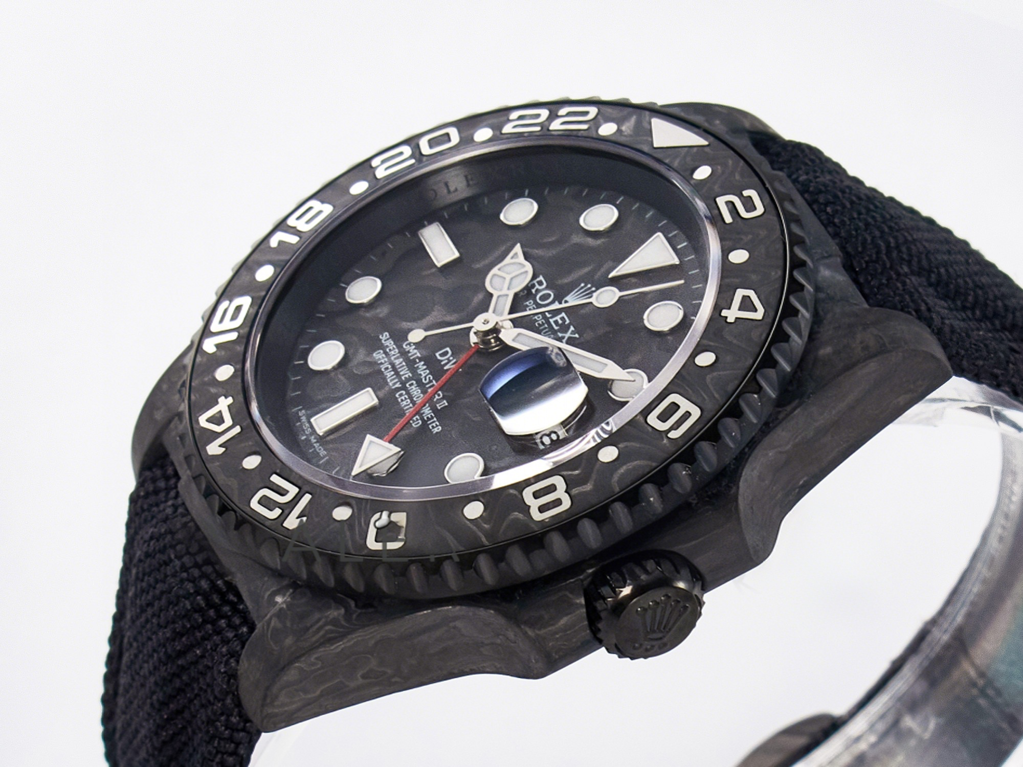 Rolex GMT Carbon DIWF Best Edition Black Carbon Dial SS Markers on Black Nylon Strap SA3285 CHS V2-fasswatch