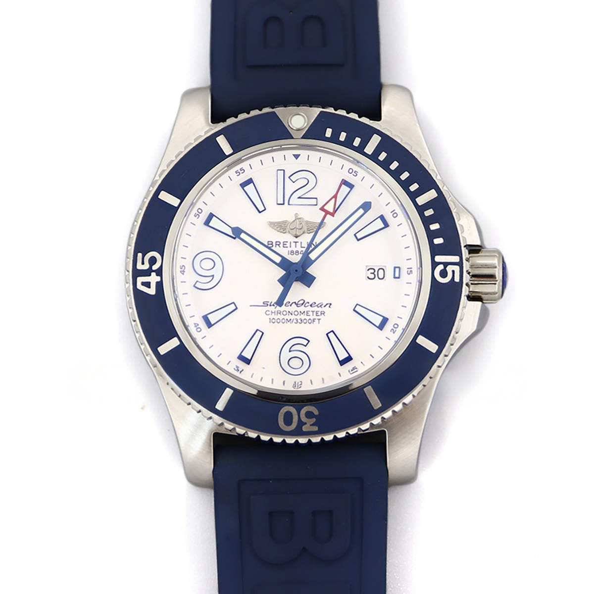 Breitling Superocean Automatic 44mm in White Dial on Blue Bezel on Rubber Strap-fasswatch