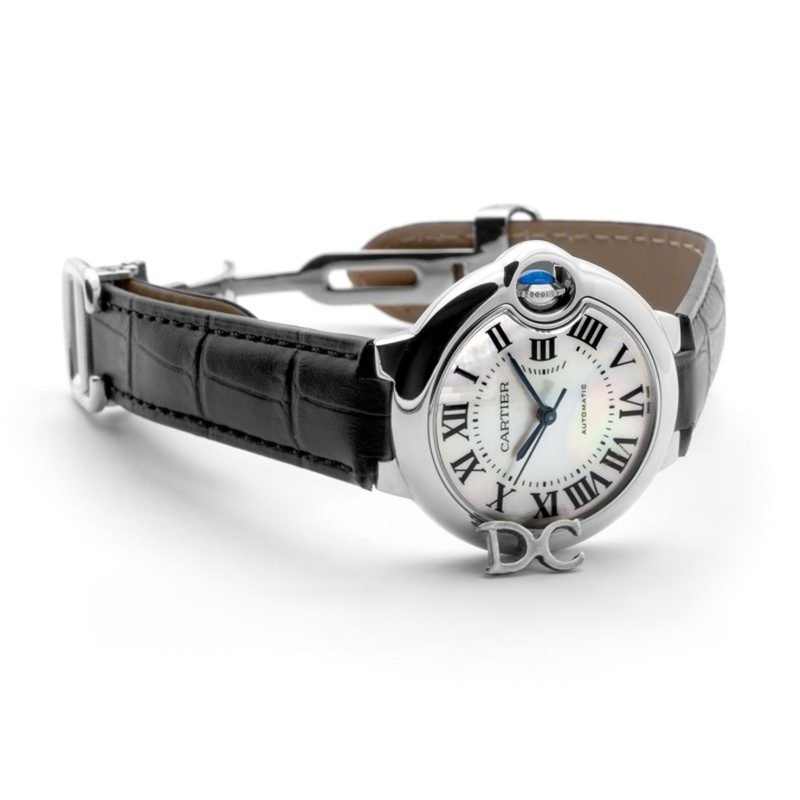 Cartier Ballon Bleu De Cartier 33mm White Mother Of Pearl Dial in Steel on Black Leather Strap-fasswatch