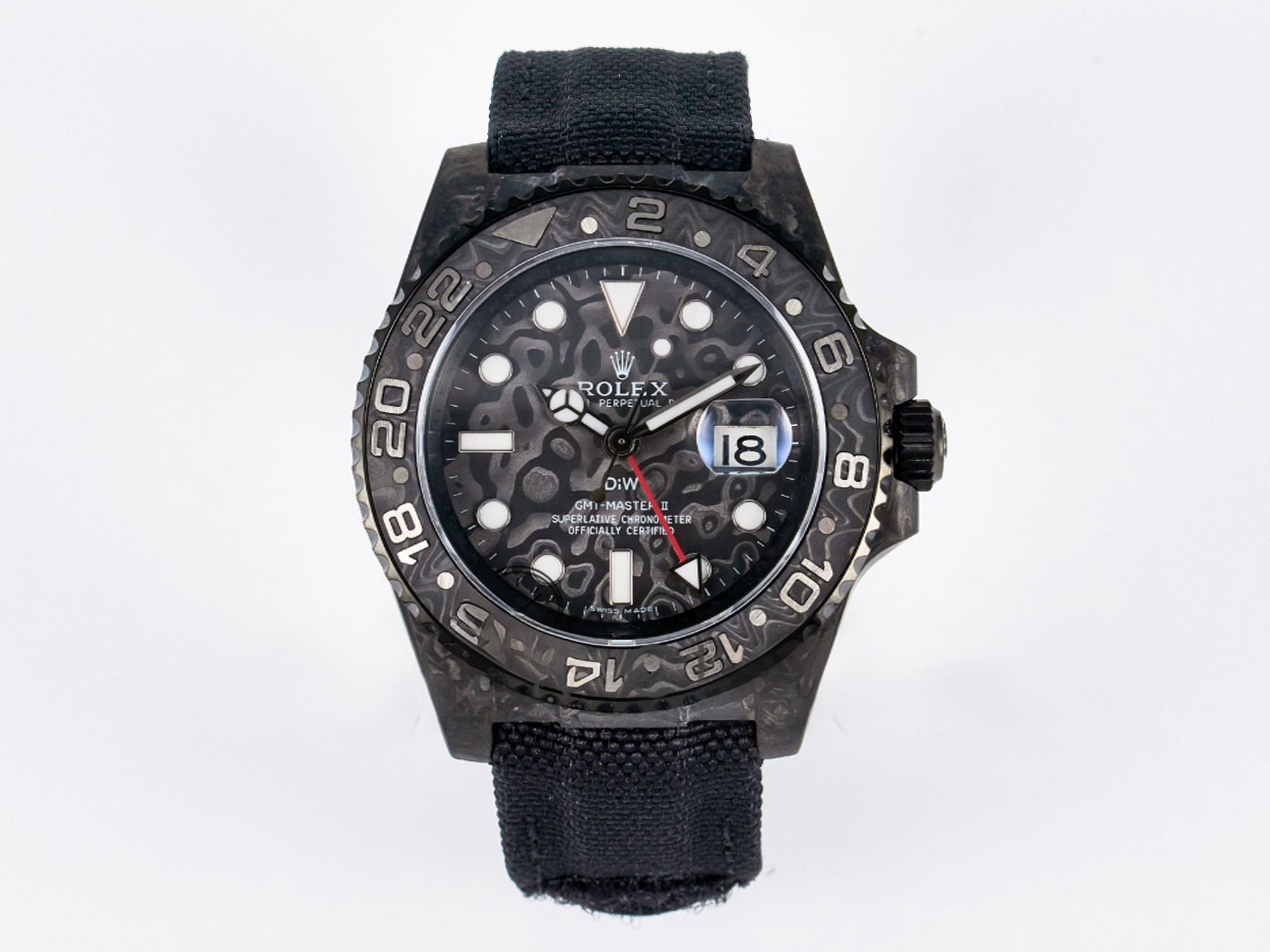 Rolex GMT Carbon DIWF Best Edition Black Carbon Dial SS Markers on Black Nylon Strap SA3285 CHS V2-fasswatch