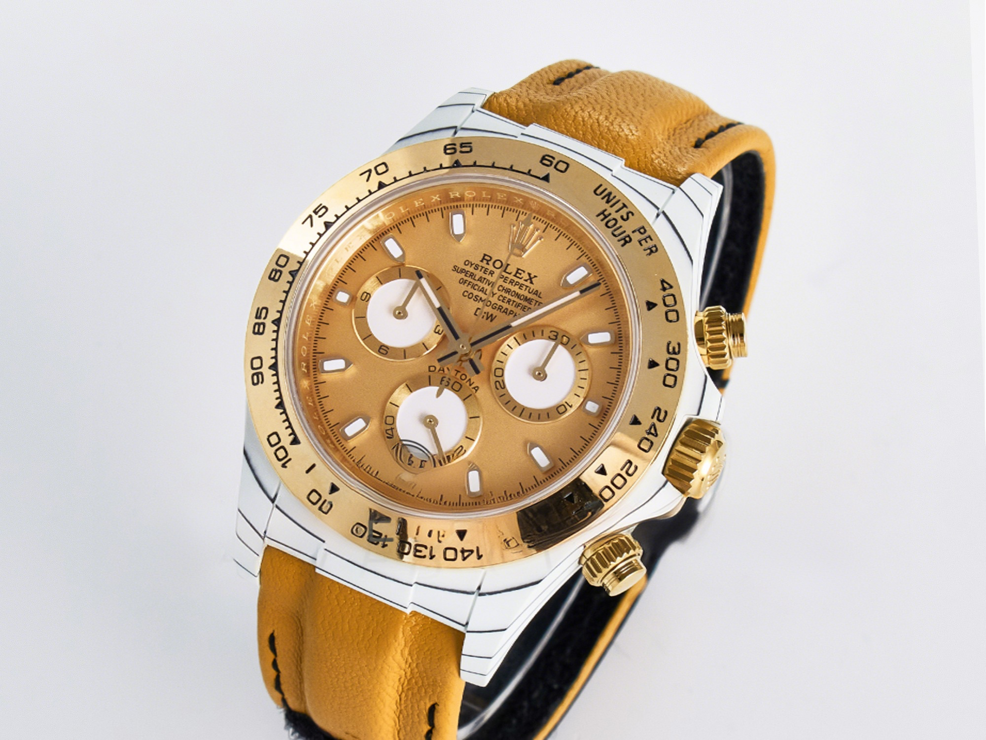 Rolex Daytona DIW White Carbon Case YG Bezel DIWF Edition YG Dial on Brown Leather Strap A7750-fasswatch
