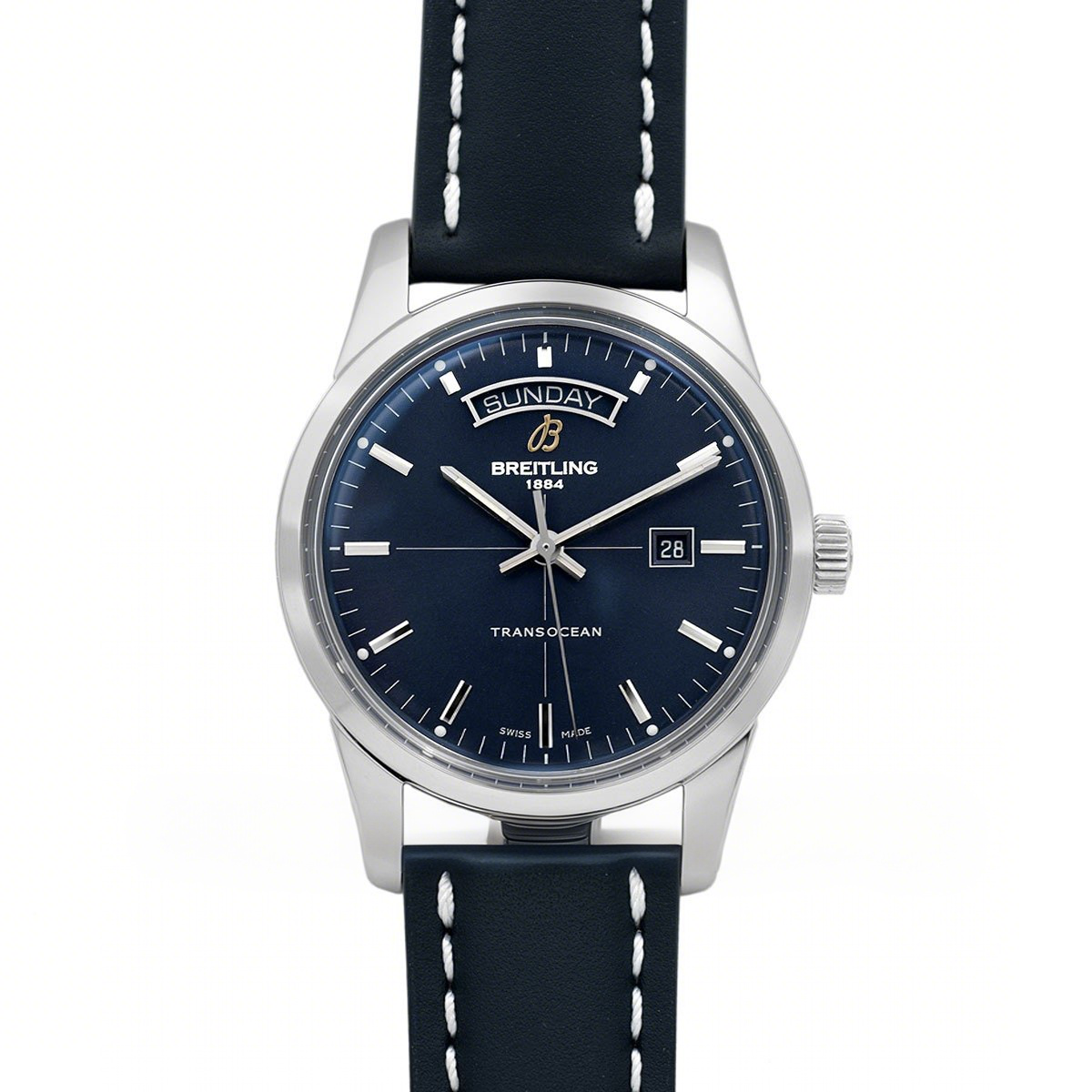Breitling Transoccean Day & Date Blue Dial in Steel on Leather Strap-fasswatch