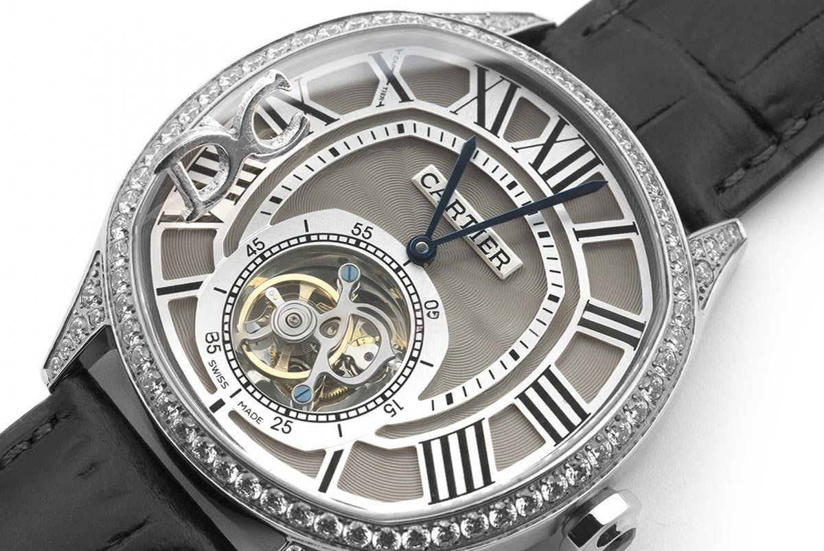 Cartier Drive de Cartier Tourbillon Grey Dial with Diamond Bezel in White Gold on Black Leather Strap-fasswatch