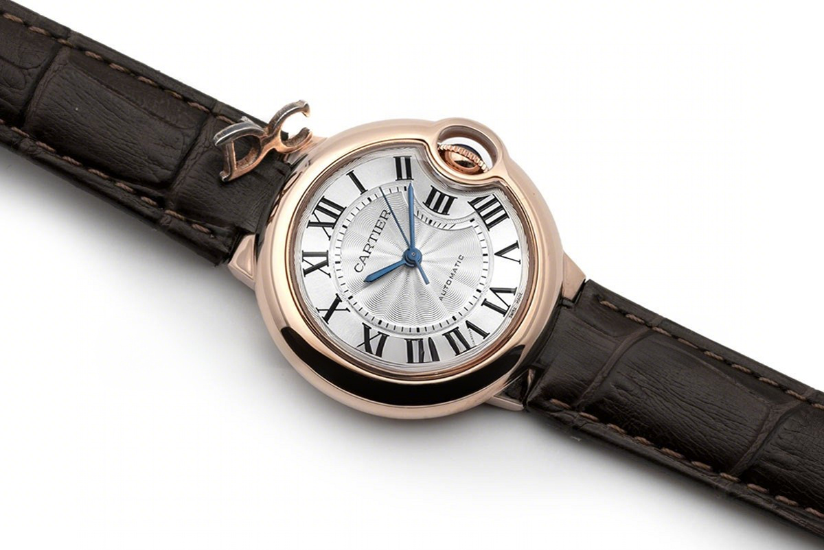 Cartier Ballon Bleu De Cartier 36mm Silver Dial in Pink Gold on Brown Leather Strap-fasswatch
