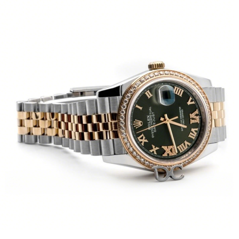 Rolex Datejust 36 126283RBR Olive Green Dial in Yellow Gold and Steel with Diamond Set Bezel and Diamond Roman Numerals Markers-fasswatch