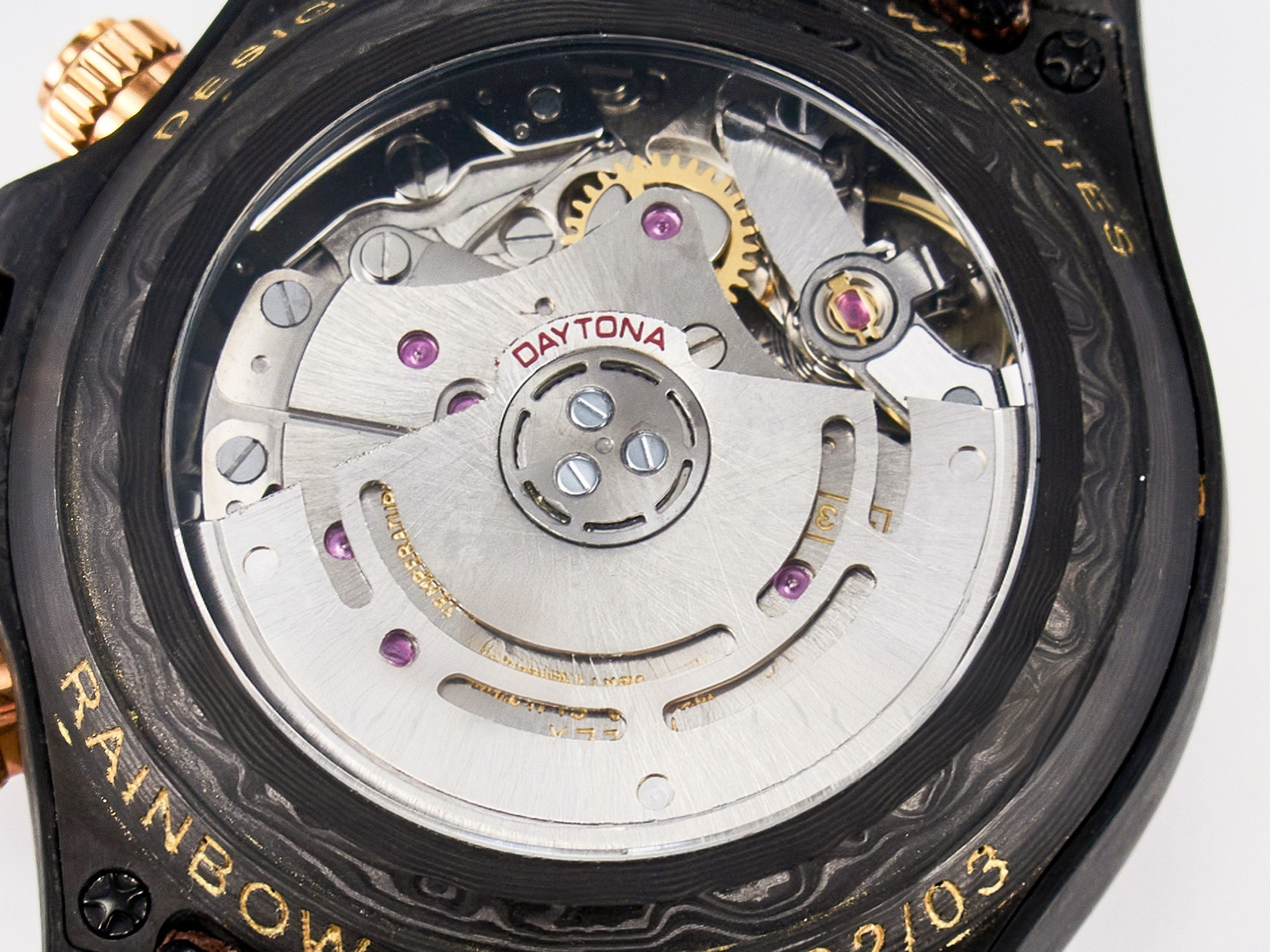 Rolex Daytona DIW Carbon Case DIWF Edition Black Dial Rainbow Diamonds Bezel on Brown Nylon Strap A7750-fasswatch