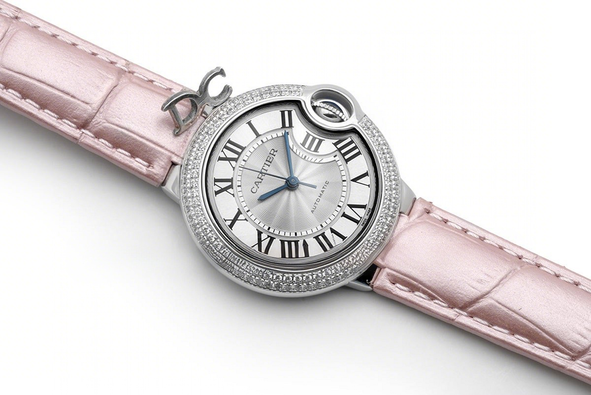 Cartier Ballon Bleu De Cartier 36mm Silver Dial with Diamond Bezel in Steel on Pink Leather Strap-fasswatch