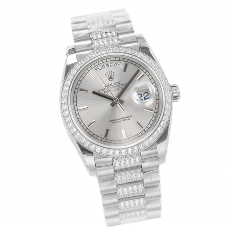 Rolex Day-Date 36 128349RBR Silver Dial with Diamond Bezel in White Gold-fasswatch