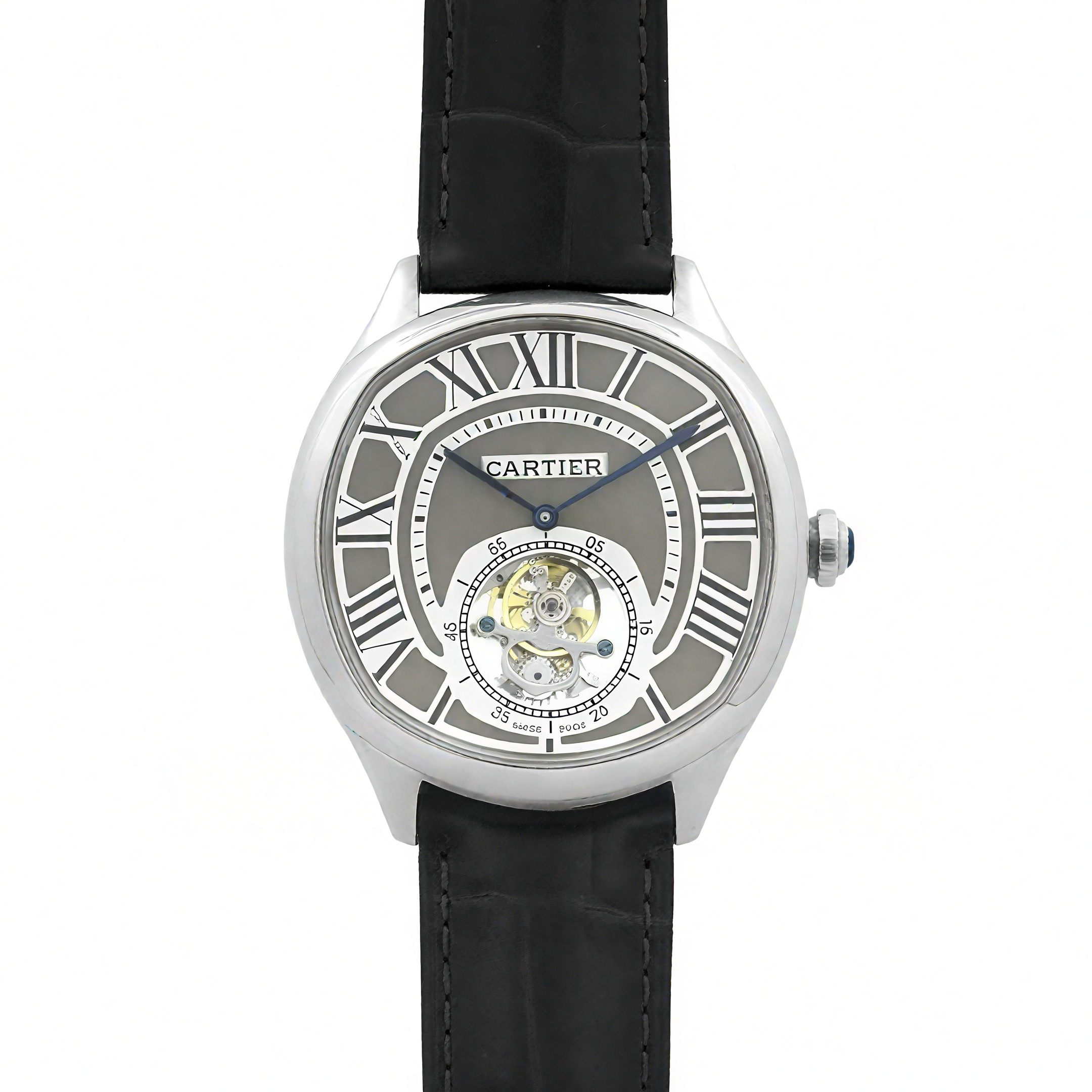 Cartier Drive de Cartier Tourbillon Grey Dial in White Gold on Black Leather Strap-fasswatch