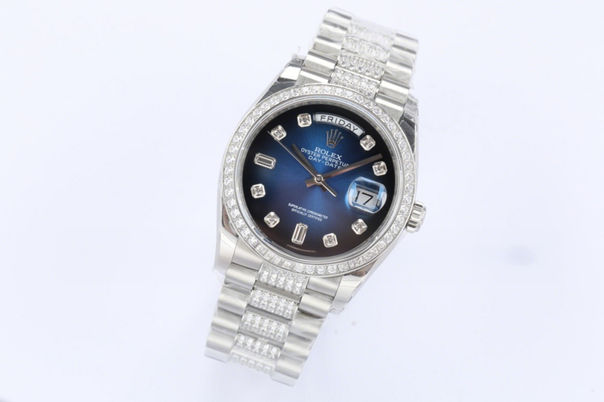 Rolex Day-Date 36 128349RBR Blue Dial with Diamond Bezel in White Gold-fasswatch