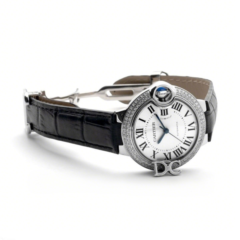 Cartier Ballon Bleu De Cartier 36mm White Dial with Diamond Bezel in Steel on Black Leather Strap-fasswatch
