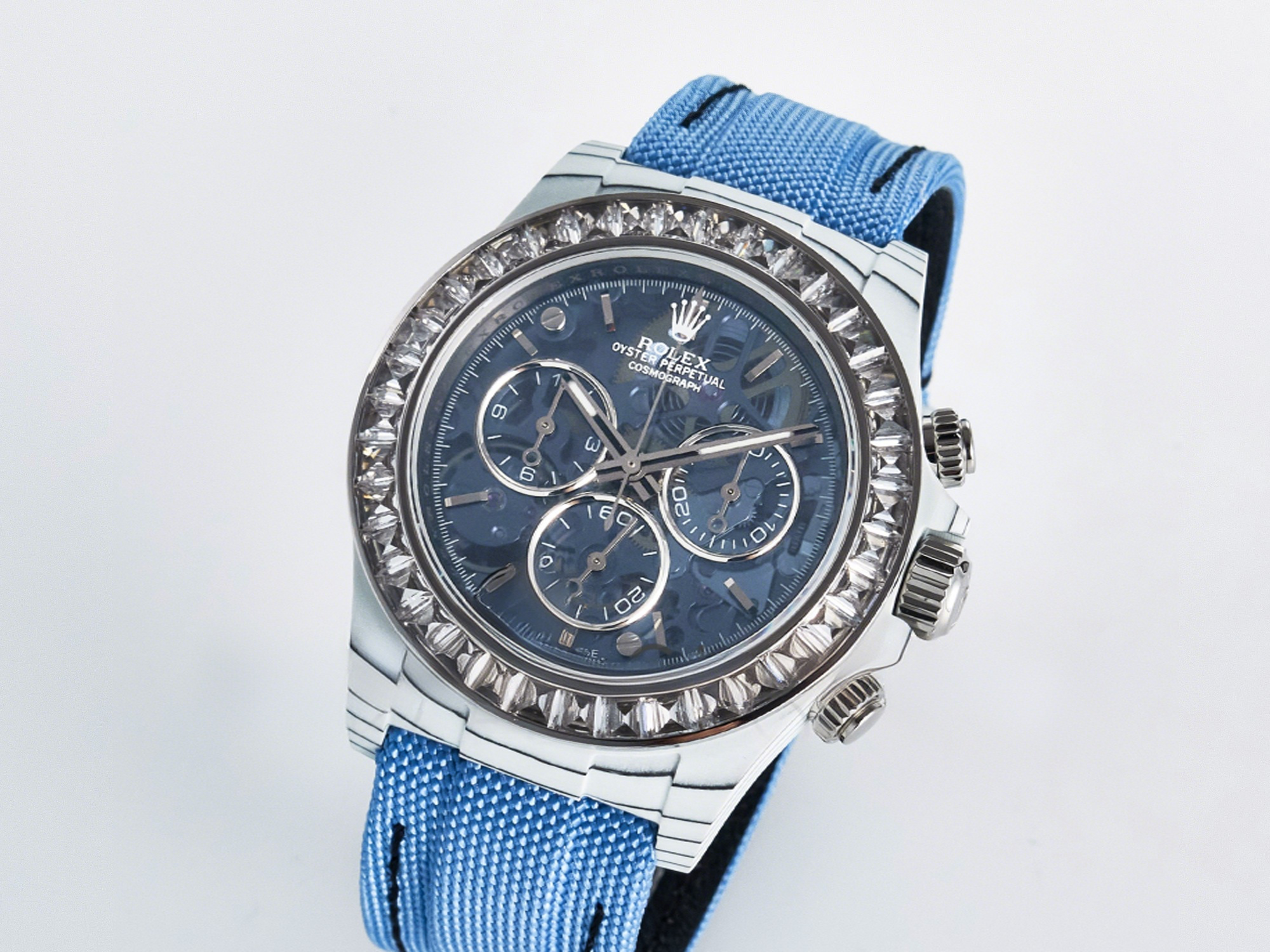 Rolex Daytona ZIF REMOULD White Carbon GETF Best Edition Blue Skeleton Dial Diamonds Bezel on Blue Nylon Strap DD4802-fasswatch
