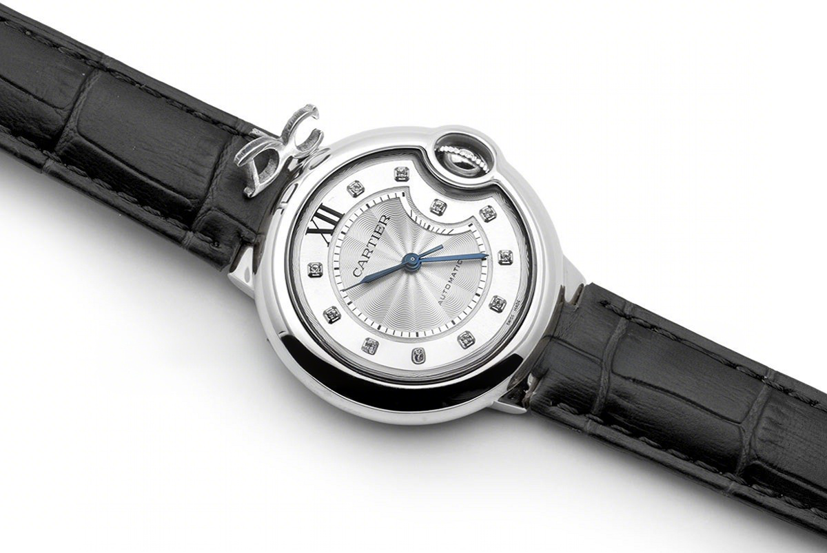 Cartier Ballon Bleu De Cartier 33mm Silver Dial with Diamond Markers in Steel on Black Leather Strap-fasswatch