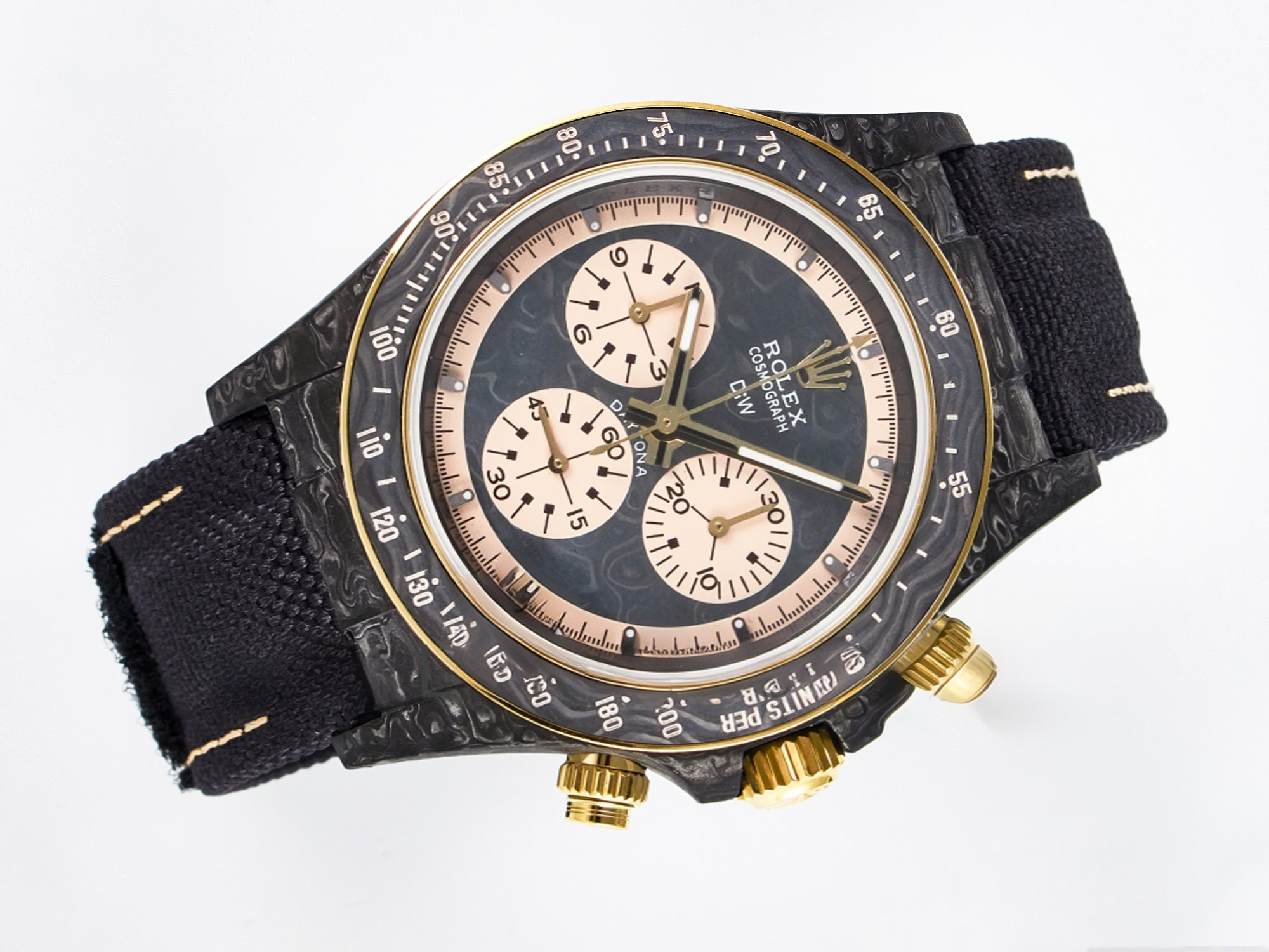 Rolex Daytona DIW Carbon Case DIWF Edition Carbon/Cream Dial on Black Nylon Strap A7750-fasswatch