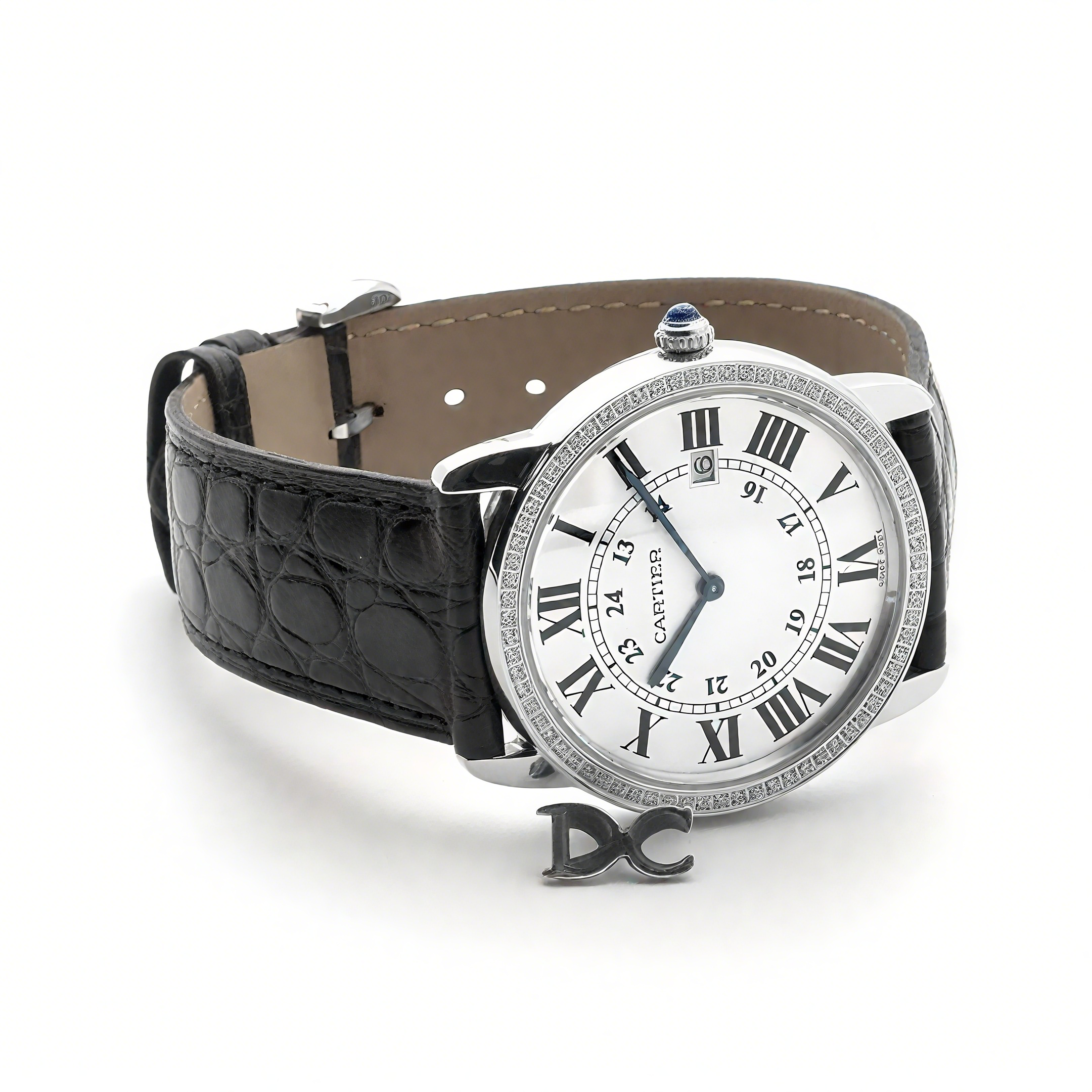 Cartier Ronde Louis Cartier Watch 36mm White Dial in White Gold on Black Alligator Leather Strap-fasswatch