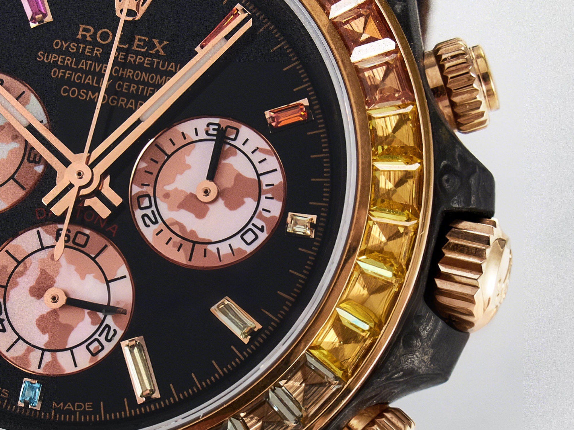 Rolex Daytona DIW Carbon Case DIWF Edition Black Dial Rainbow Diamonds Bezel on Brown Nylon Strap A7750-fasswatch
