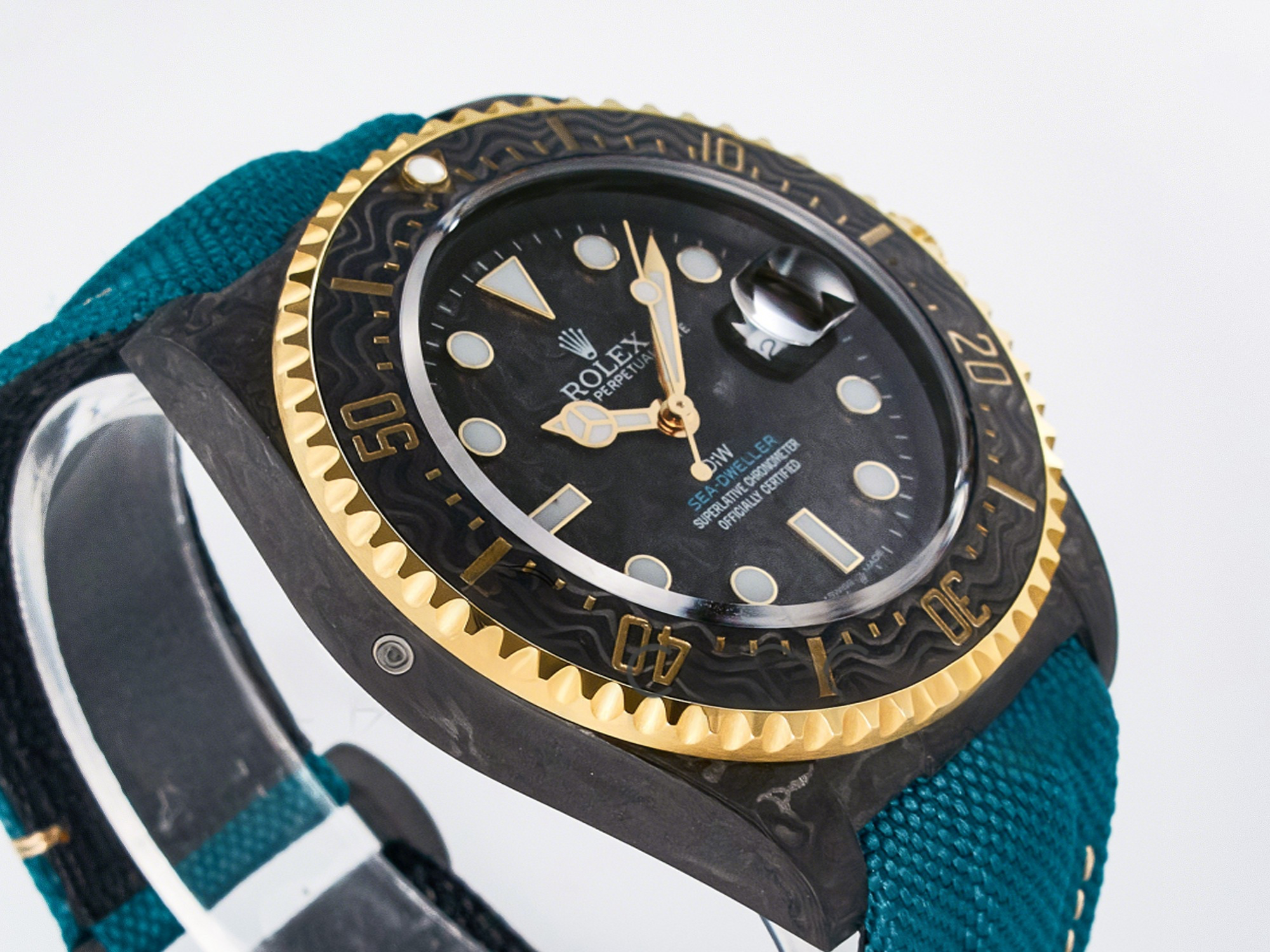 Rolex Sea Dweller 43mm Carbon DIWF Best Edition Black Dial YG Bezel on Blue Nylon Strap A2824-fasswatch