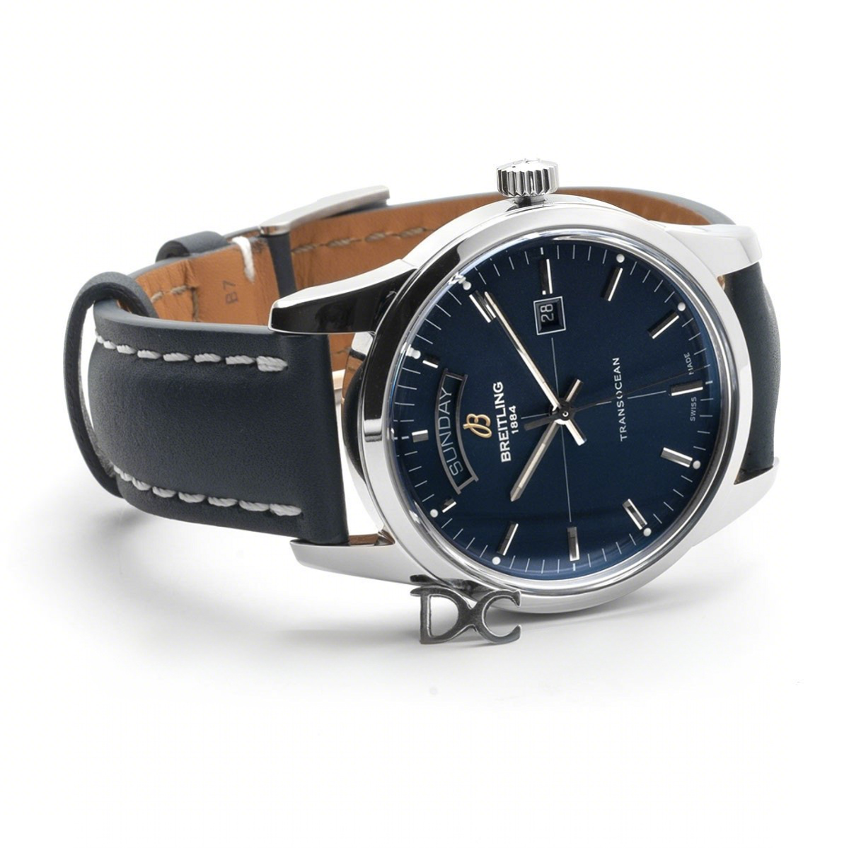 Breitling Transoccean Day & Date Blue Dial in Steel on Leather Strap-fasswatch