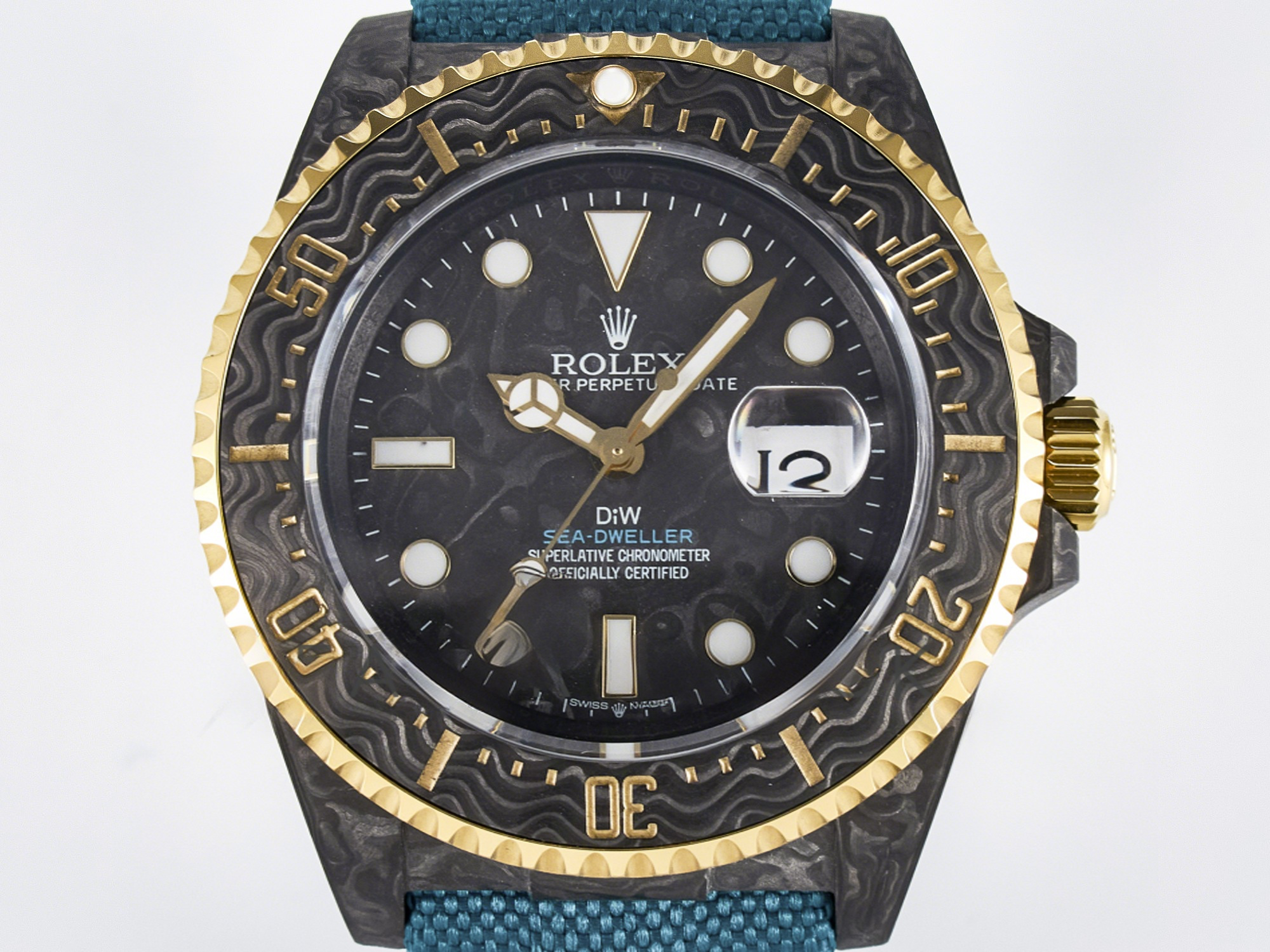 Rolex Sea Dweller 43mm Carbon DIWF Best Edition Black Dial YG Bezel on Blue Nylon Strap A2824-fasswatch