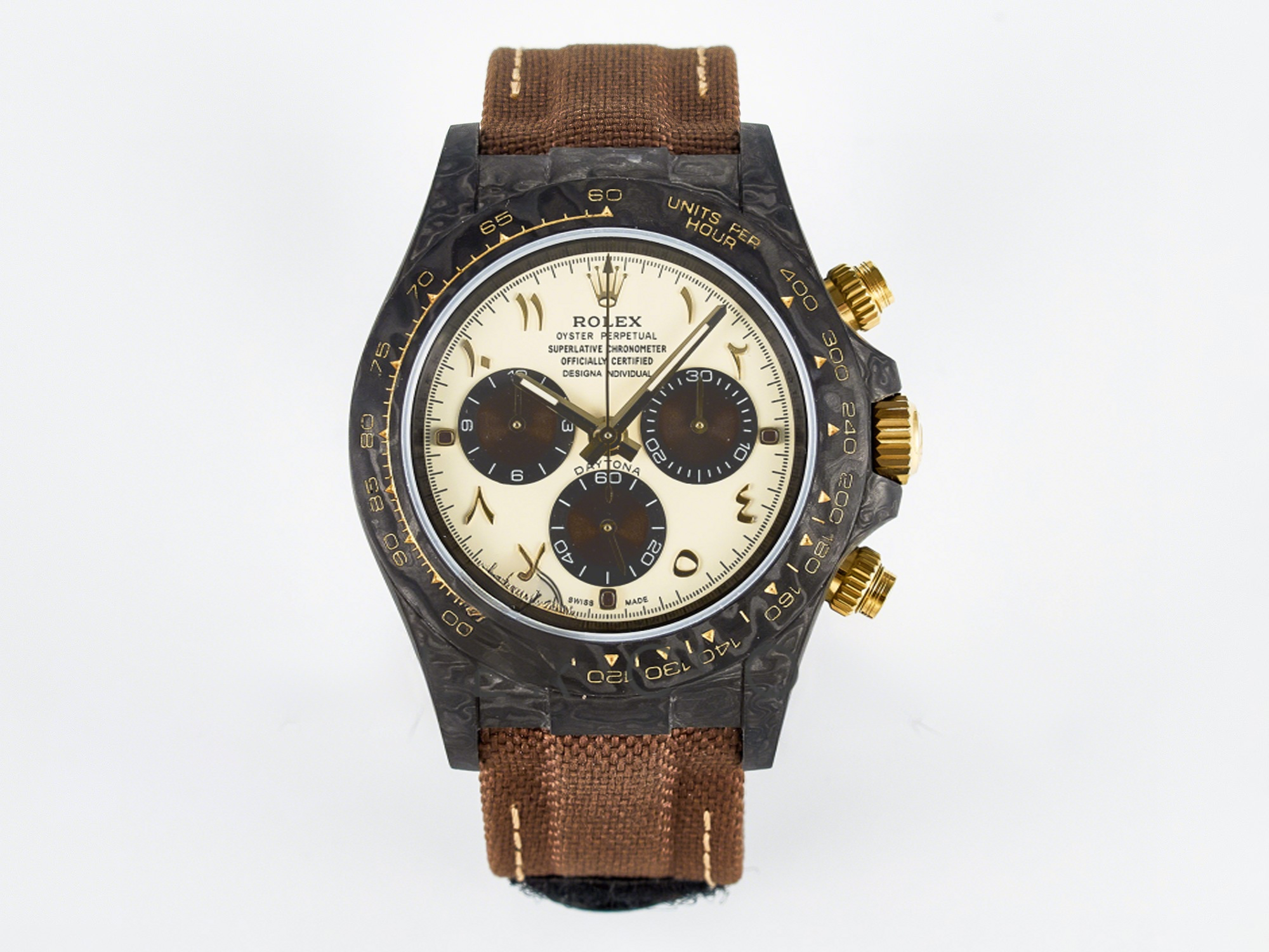 Rolex Daytona DIW Carbon Case and Bezel DIWF Edition Yellow Arabic Dial on Brown Nylon Strap A7750-fasswatch