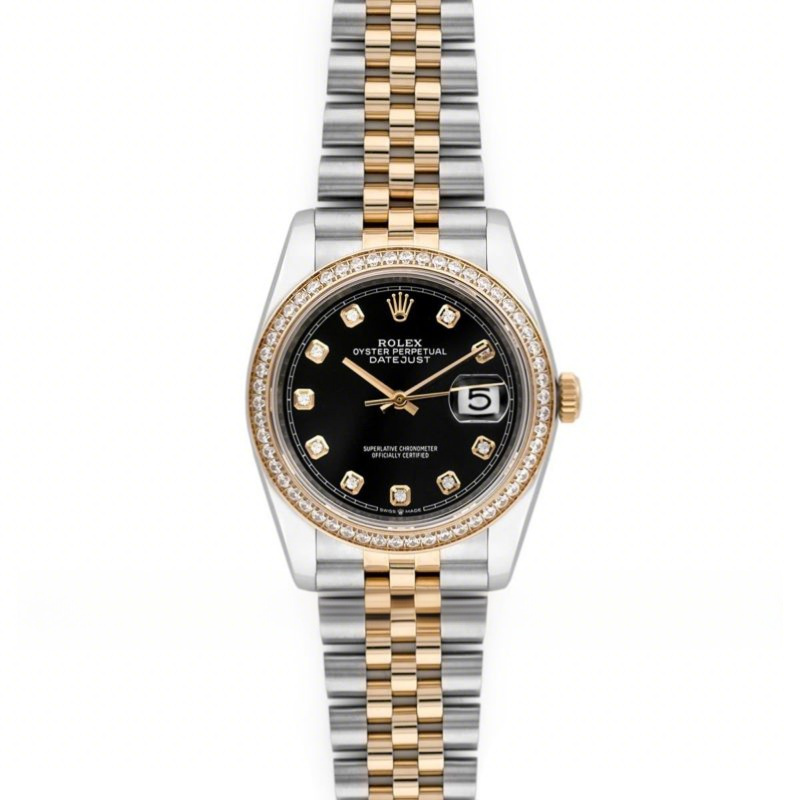 Rolex Datejust 36 126283RBR Black Dial in Yellow Gold and Steel with Diamond Set Bezel and Diamond Markers-fasswatch