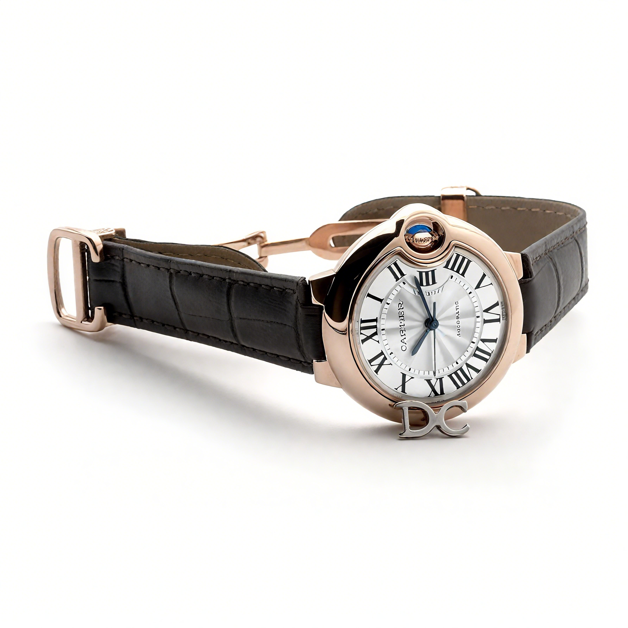 Cartier Ballon Bleu De Cartier 36mm Silver Dial in Pink Gold on Brown Leather Strap-fasswatch